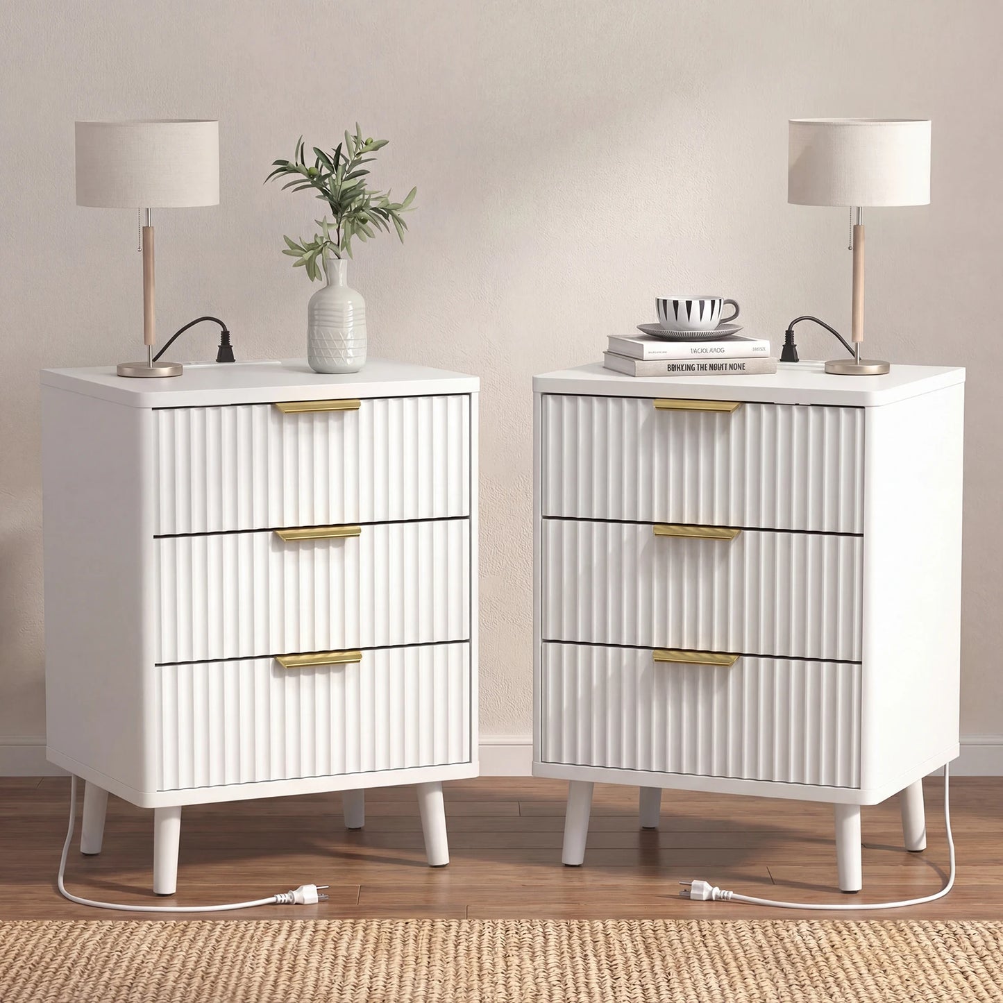 Set of 2 Fluted Nightstand with USB Ports 3 Drawer Wood Bedside Table with Charging Station for Bedroom