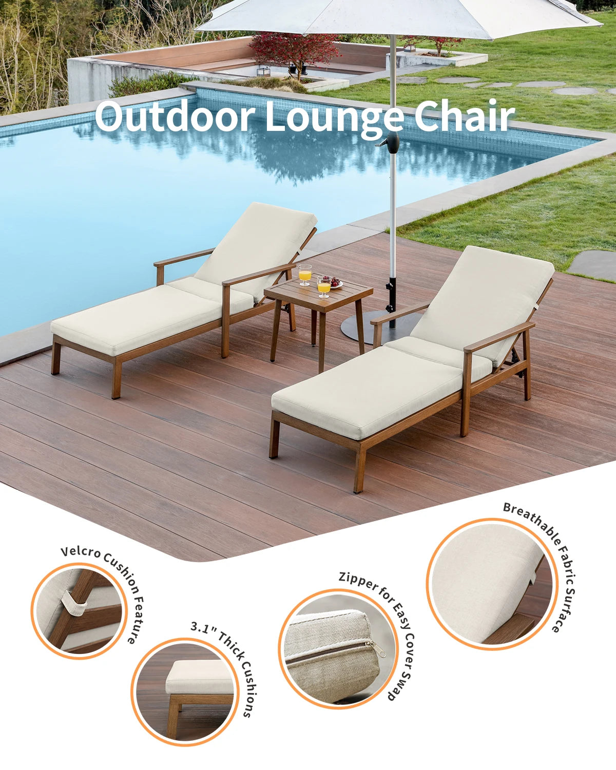 Teak 3-Piece Outdoor Lounge Chair Set, Aluminum Chaise Loungers with Cushions and Side Table.
