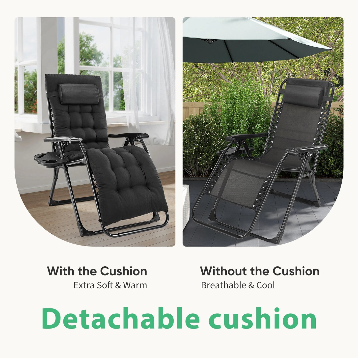 Zero Gravity Recliner Patio Lounge Chair Folding Portable with Cup Holder Trays Removable Cushion For Outdoor Garden