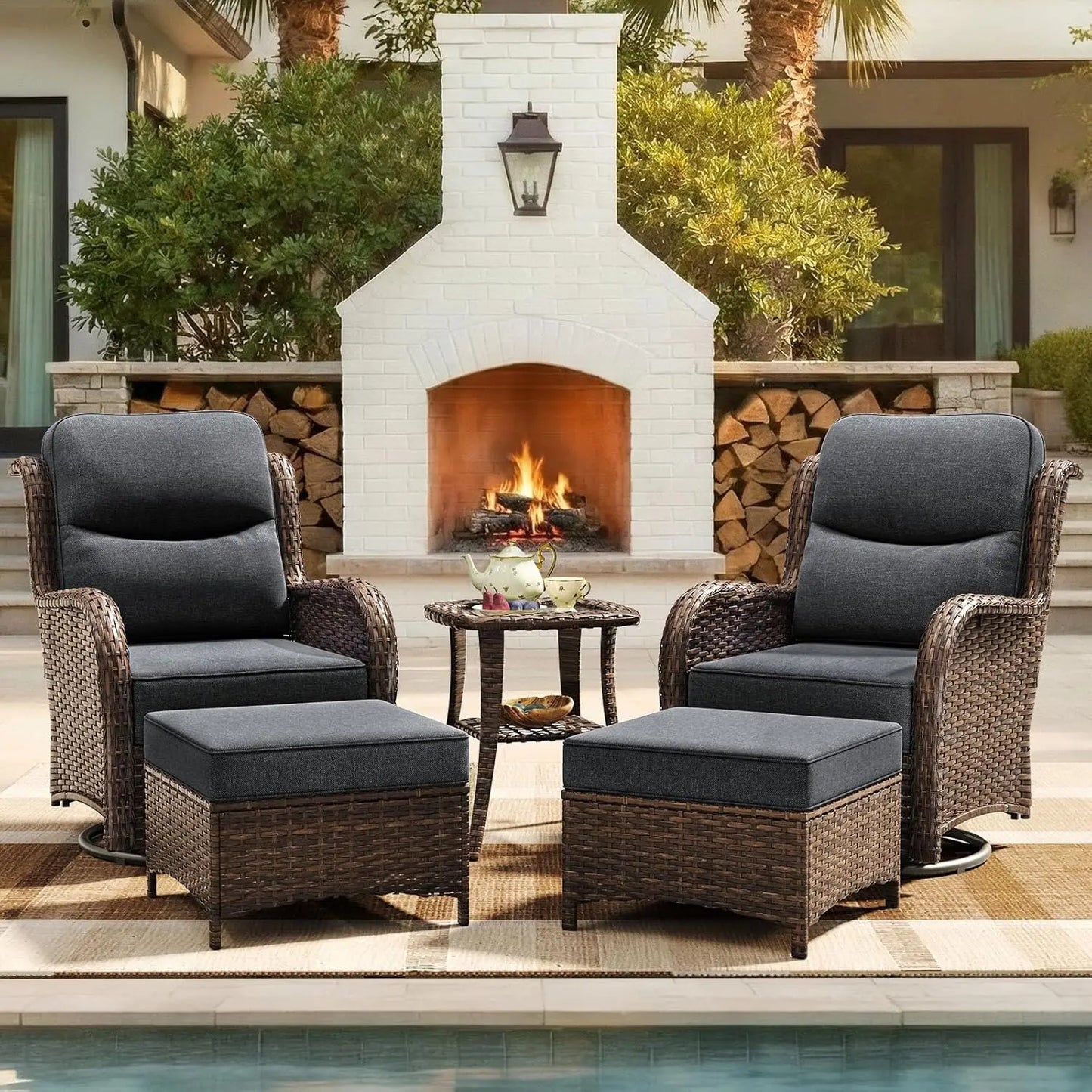 Wicker 5 Piece Patio Set With High Back Swivel Rockers
