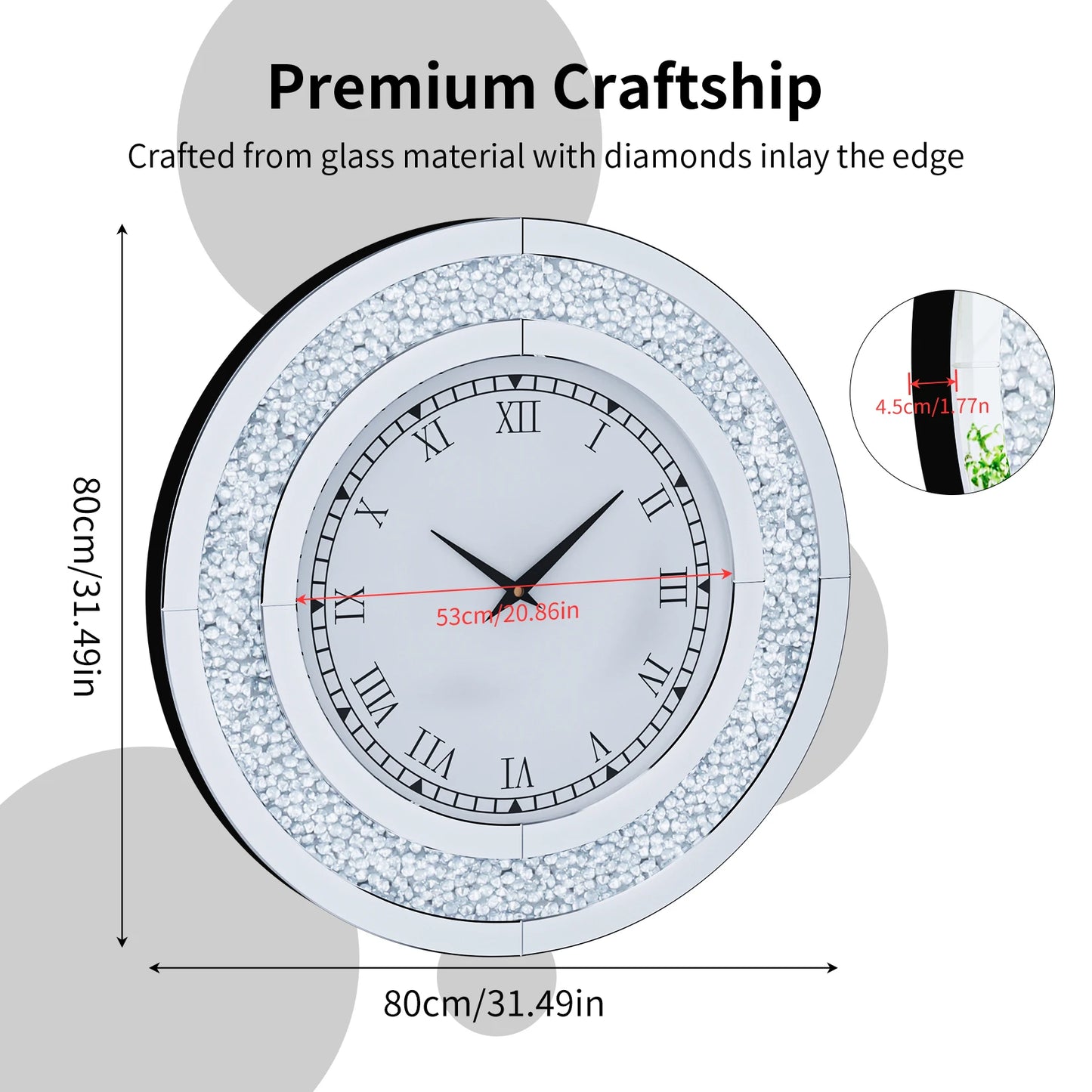 Silver Tinted Round Mirror Clock Crystal Mirrored Wall Clock for Wall Decoration