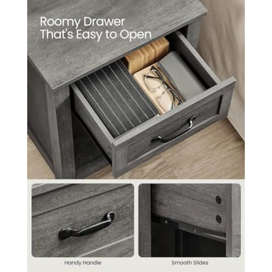 LIRY Collection - Farmhouse Nightstand with Charging Station, Bedside Table, Side Table with Drawer, Open Compartment, for Bedr