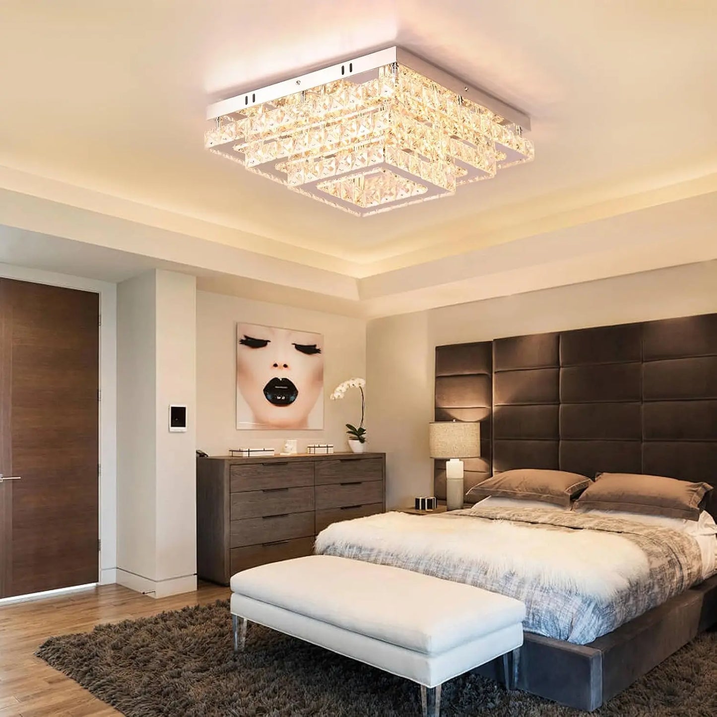 FRIXCHUR Dimmable Square Crystal Flush Mount Ceiling Light 3000-6500K Remote