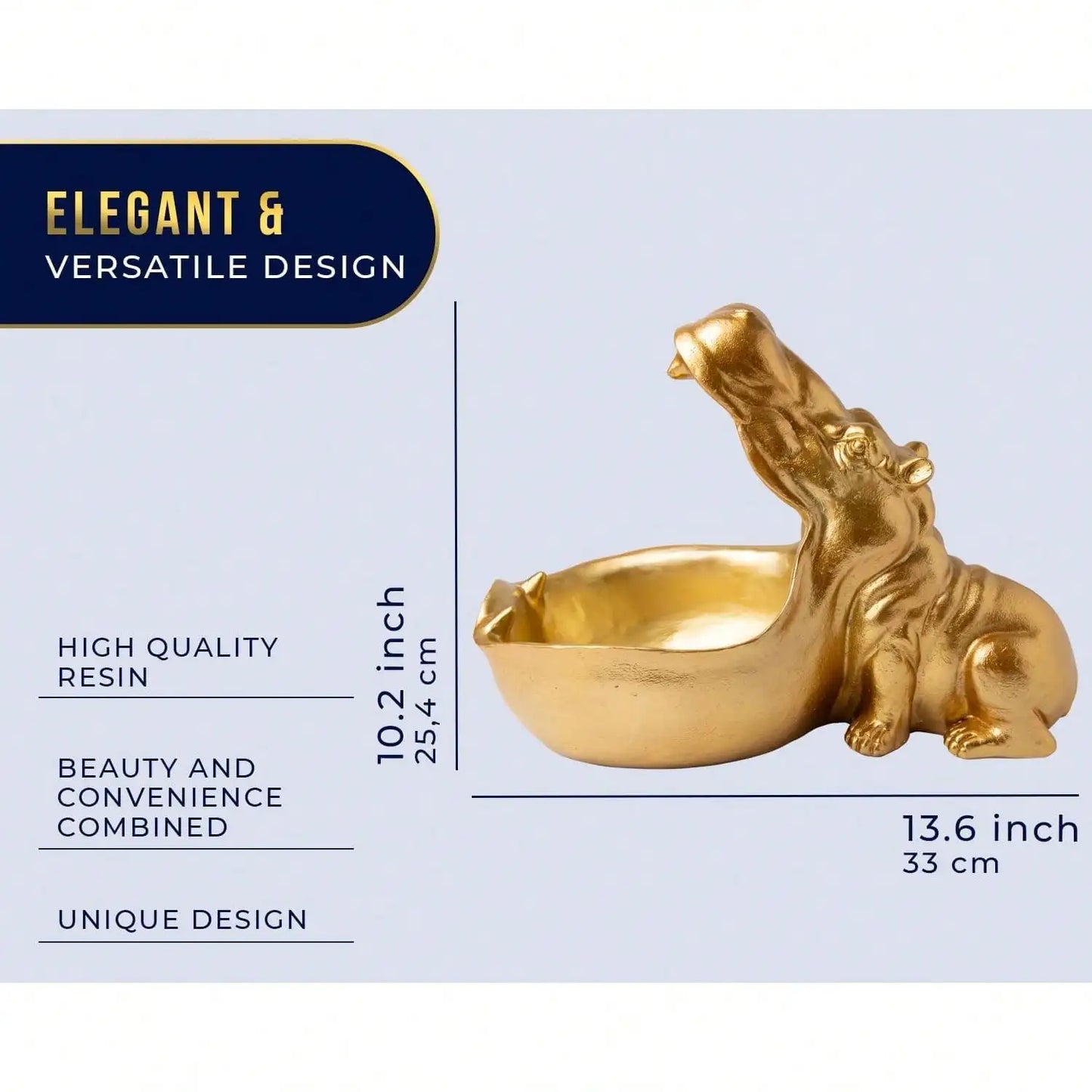 Hip Hippo Resin Figurine – Funky Hippopotamus Sculpture With Open Bowl Design For Snacks, Keys, Or Trinkets – Decorative Holder With Elegant Golden Finish – Playful Accent For Modern Decor