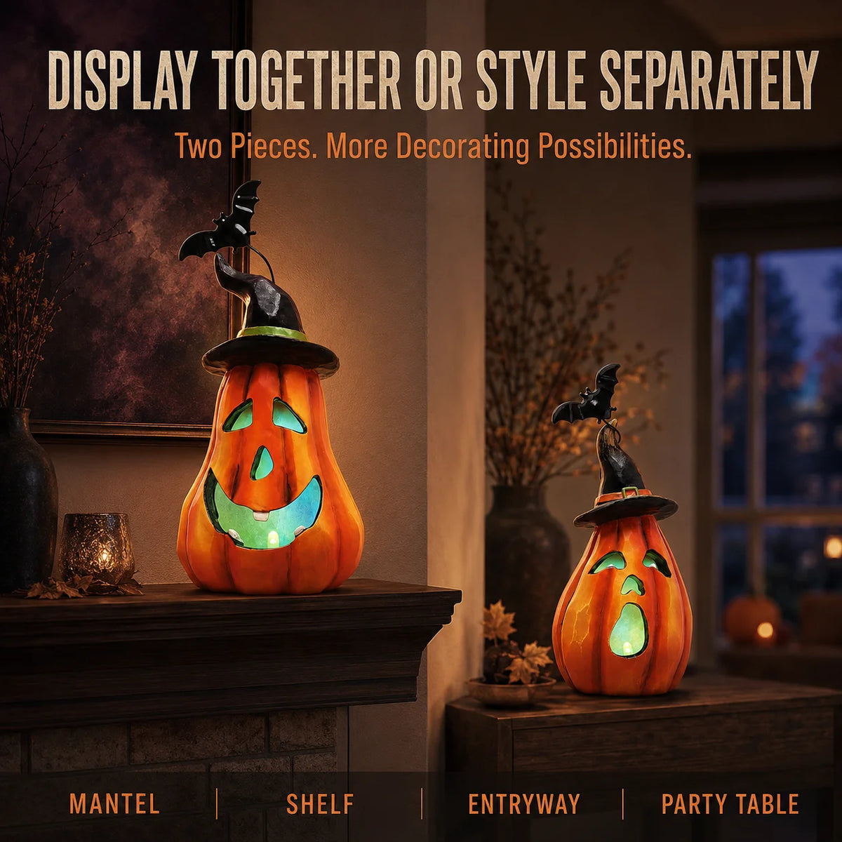 Halloween Pumpkin Figurine Set, 2-Piece LED Light Up Jack-o'-Lantern Decor with Witch Hat & Black Bat Accents, Spooky Glowing Tabletop Figure for Shelf Display, Collectible Fall Seasonal Home Decoration Halloween Gift