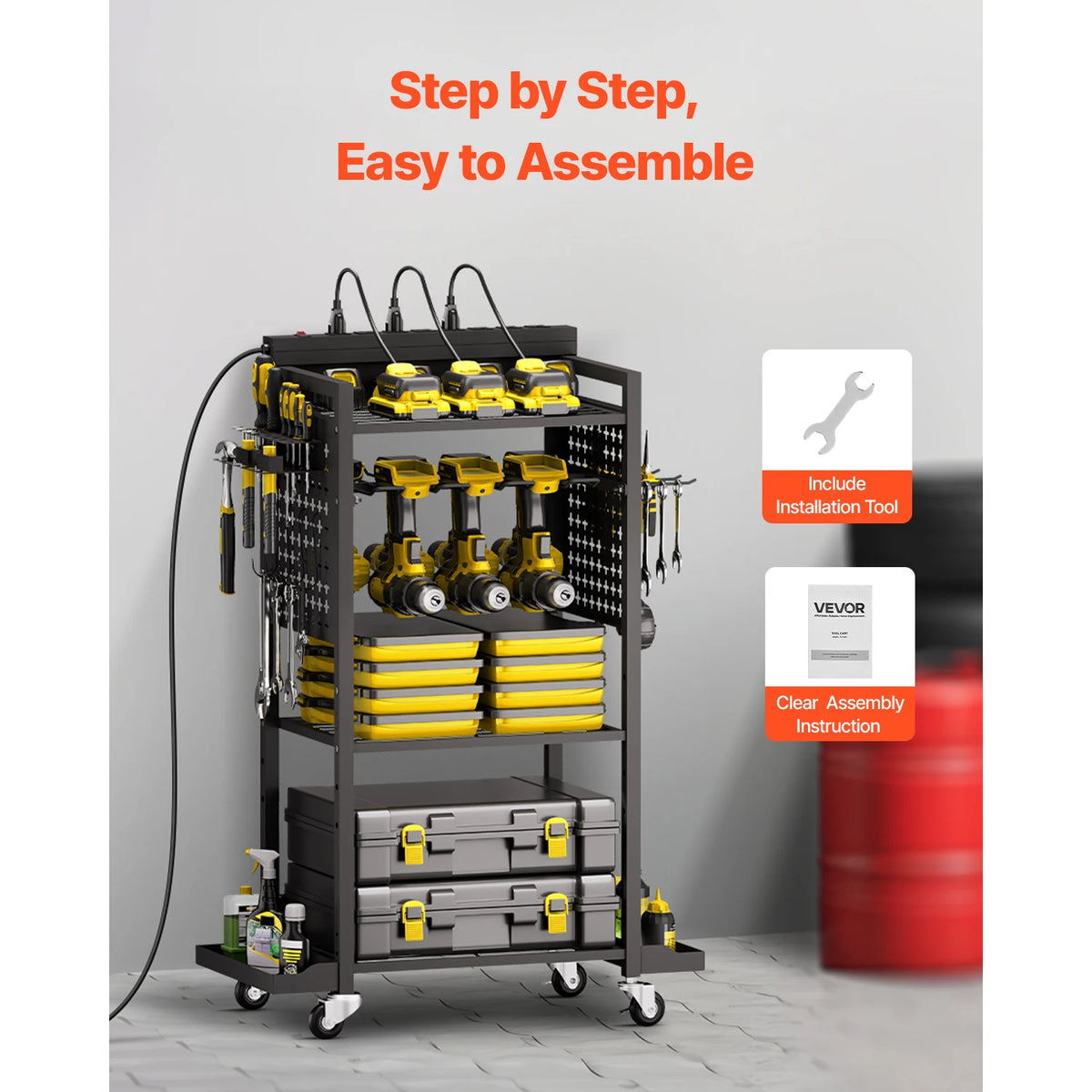 Rolling Tool Organizer Cart With Charging Station And Drill Holder