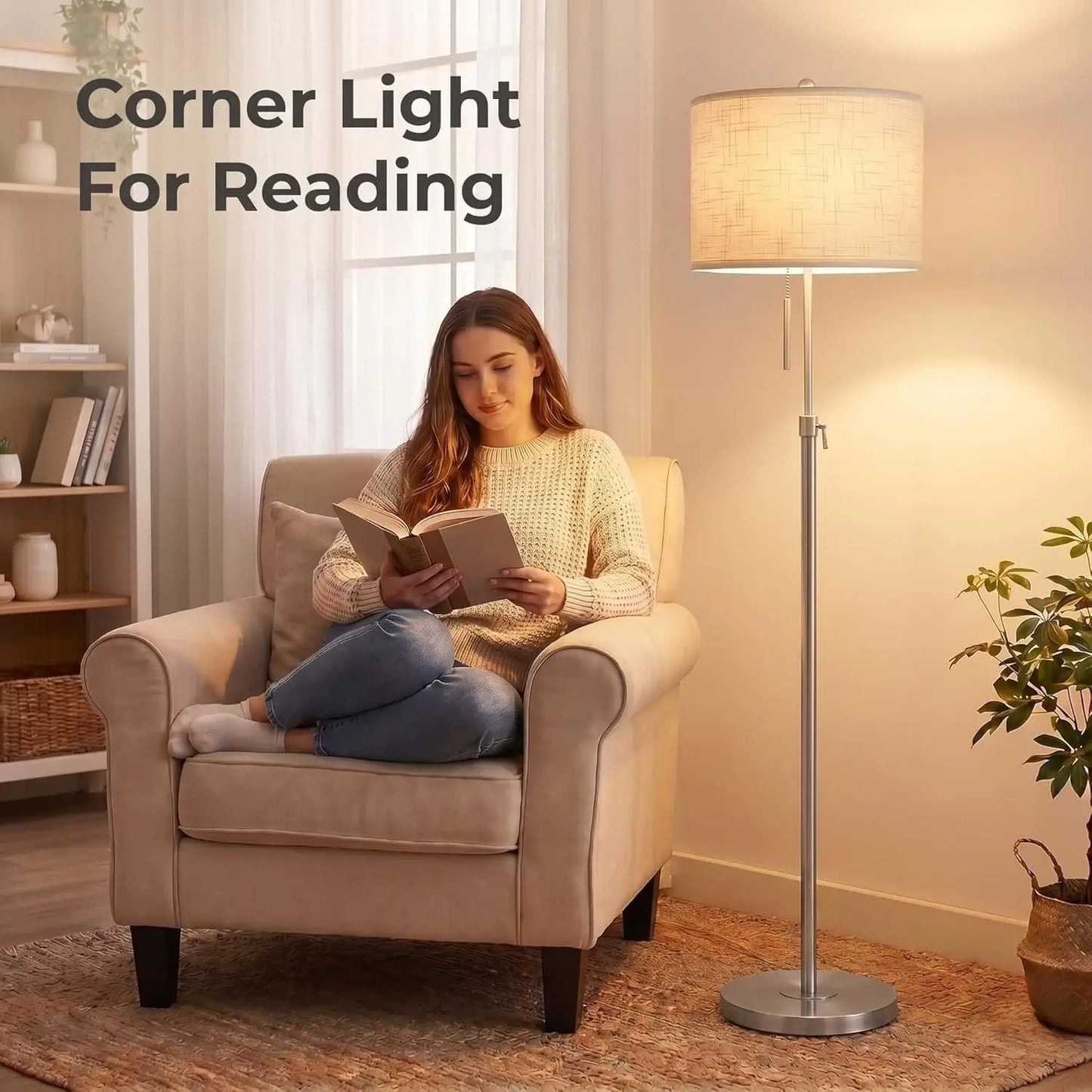 Brushed Nickel Floor Lamp Height Adjustable Modern Tall Three Way Dimmable