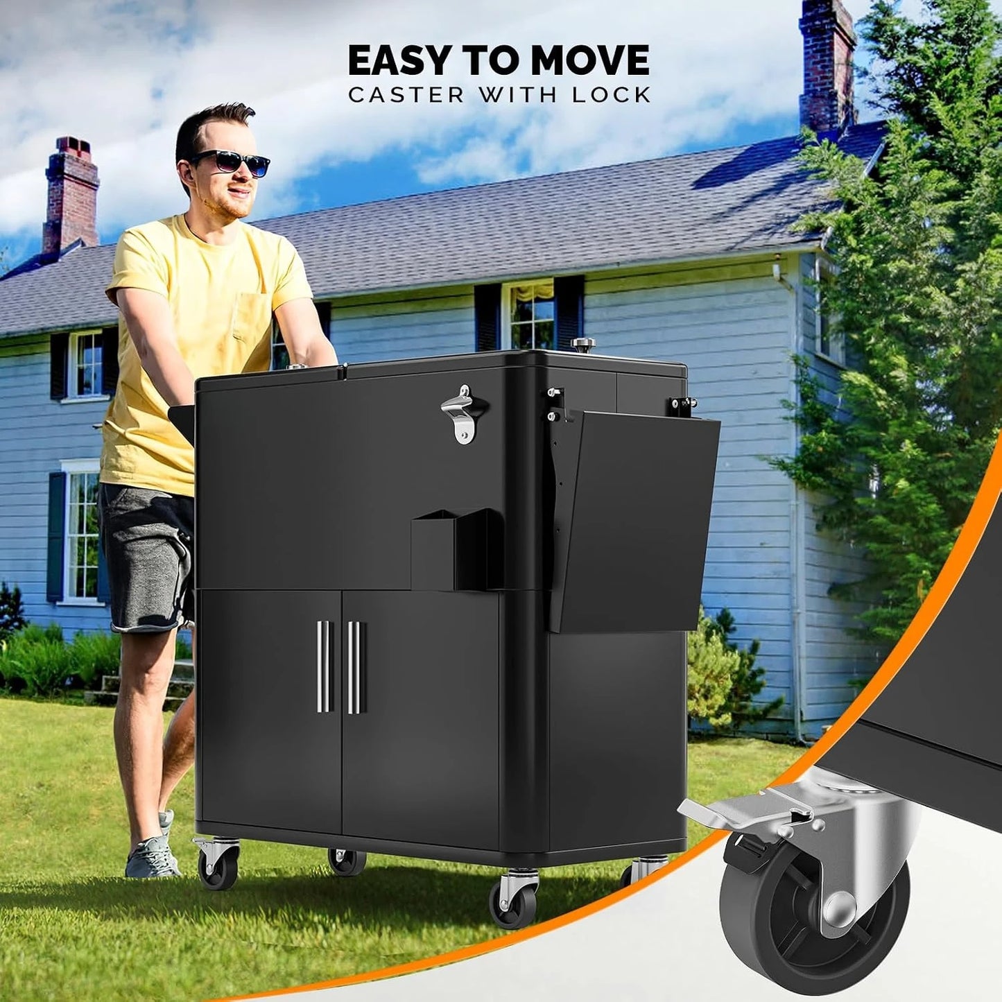 Outdoor Patio Beverage Cooler Ice Chest with Attached Storage Cabinet, Built-In Bottle Opener & Bottom Drainage System, Rolling Beverage Storage Cart for Parties, Deck, Pool and Backyard Gathering