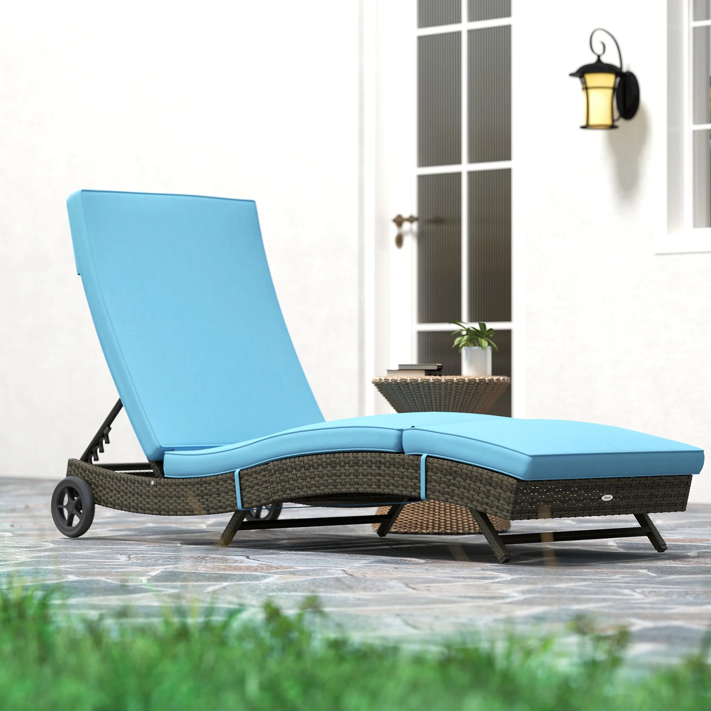 Outdoor Reclining Lounge Chair, PE Wicker, Rolling Wheels, Patio, Sky Blue