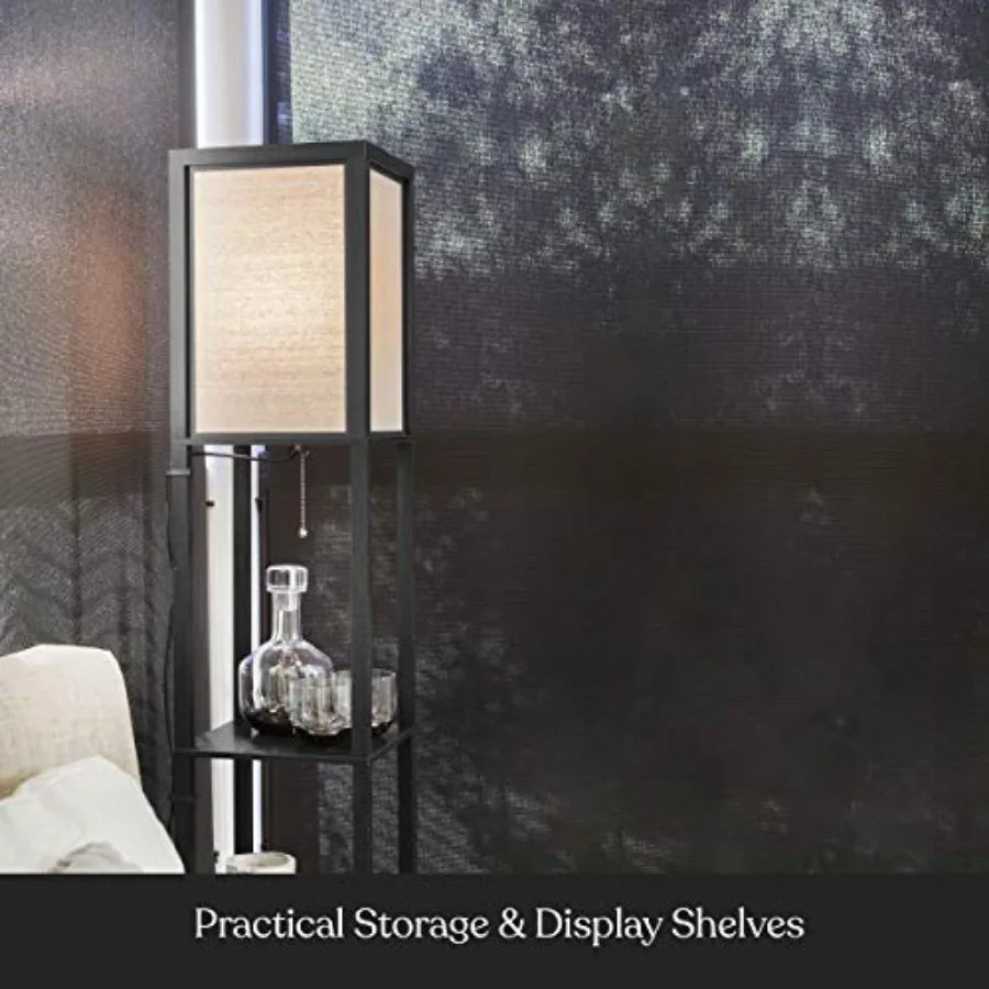 Maxwell - Modern Shelf Floor Lamp with Lamp Shade and Warm LED Bulb, Corner Display Floor Lamp with Shelves for Living Room, Be