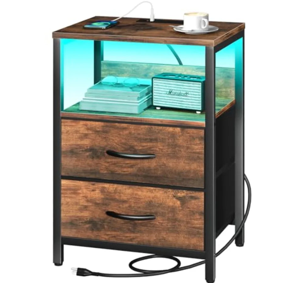 Nightstand with Charging Station, LED Night Stand with Fabric Drawers and Storage Shelf for Bedroom, Nightstands Bedside Tables