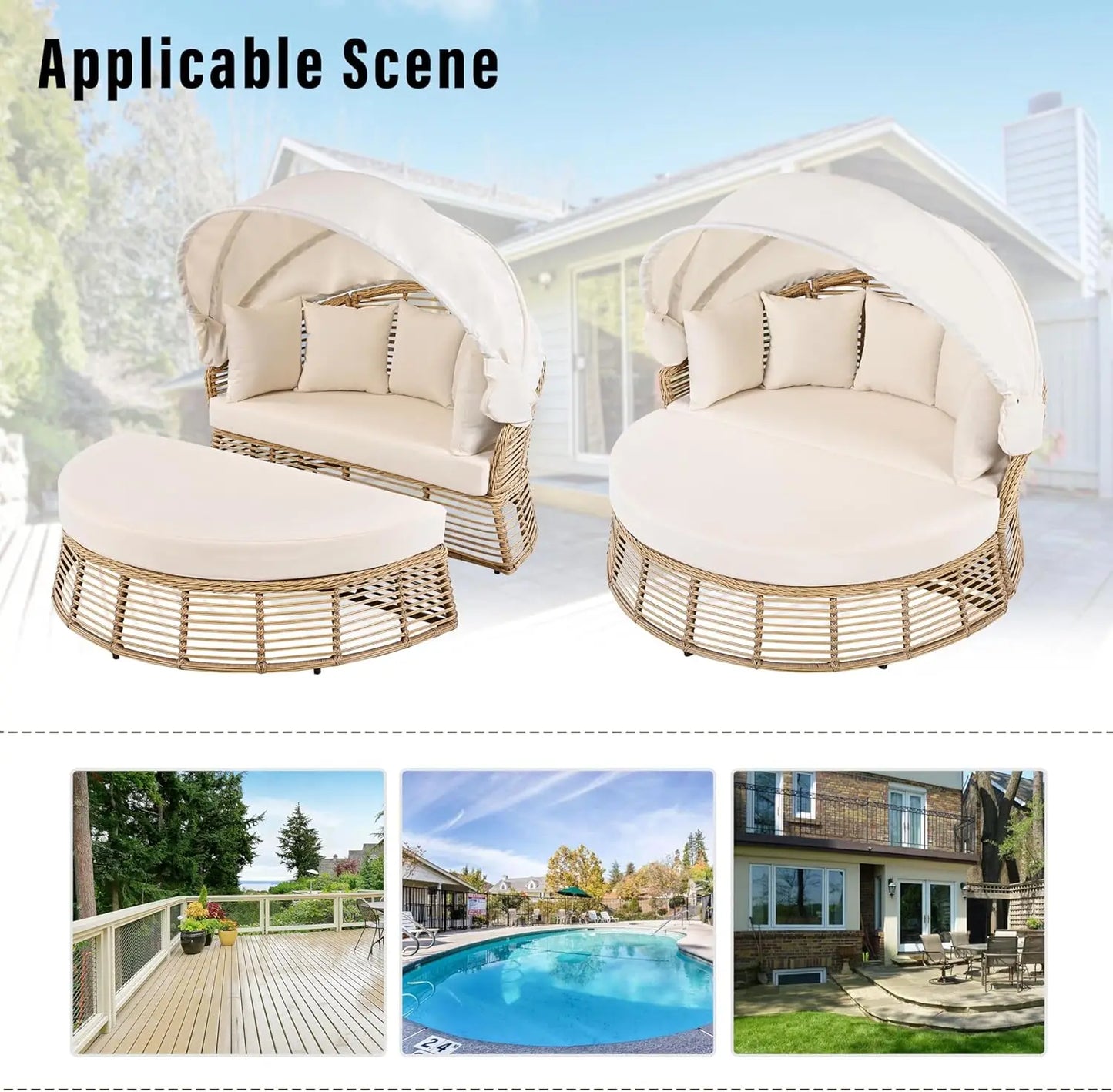 Outdoor Patio Round Rattan Daybed With Retractable Canopy Wicker Furniture