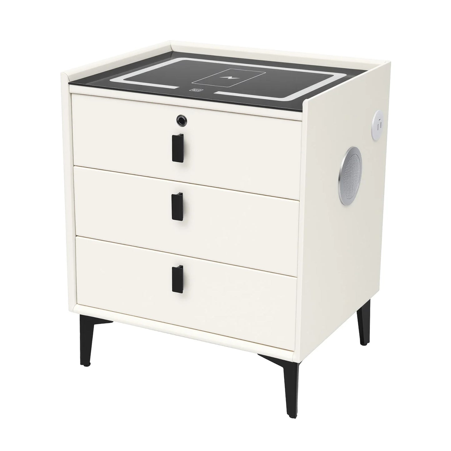 59x50x40cm Solid Wood Smart Nightstand 3-Drawer USB&Wireless Charging BT Speaker Fingerprint Lock 3-Color Light Beige White