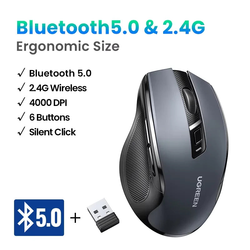 Wireless Mouse Bluetooth5.0 Mouse Ergonomic 4000DPI Mute Button, Mouse For MacBook Tablet Laptops Computer PC