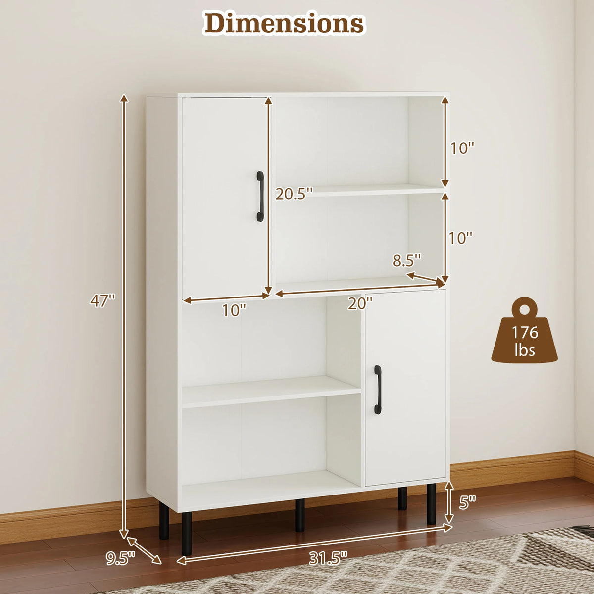 Homasis Wooden Storage Cabinet With Two Doors And Open Shelves