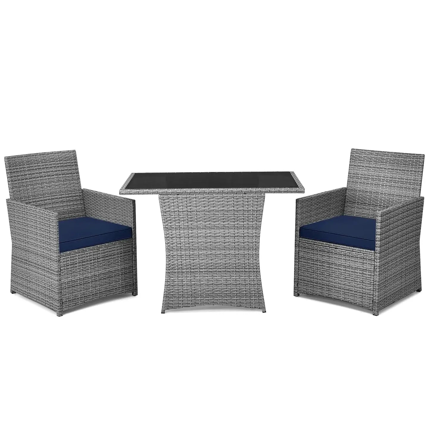 3 Piece Patio Rattan Furniture Set with Coffee Table, Cushioned Dining Chairs,