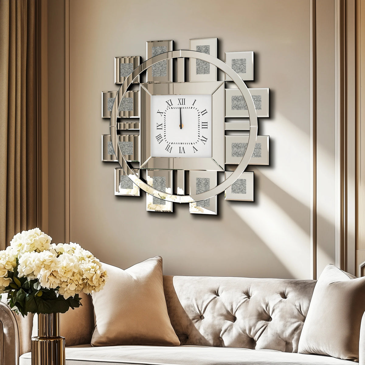 Round Wall Clock With Crushed Diamond Beveled Mirror Frame