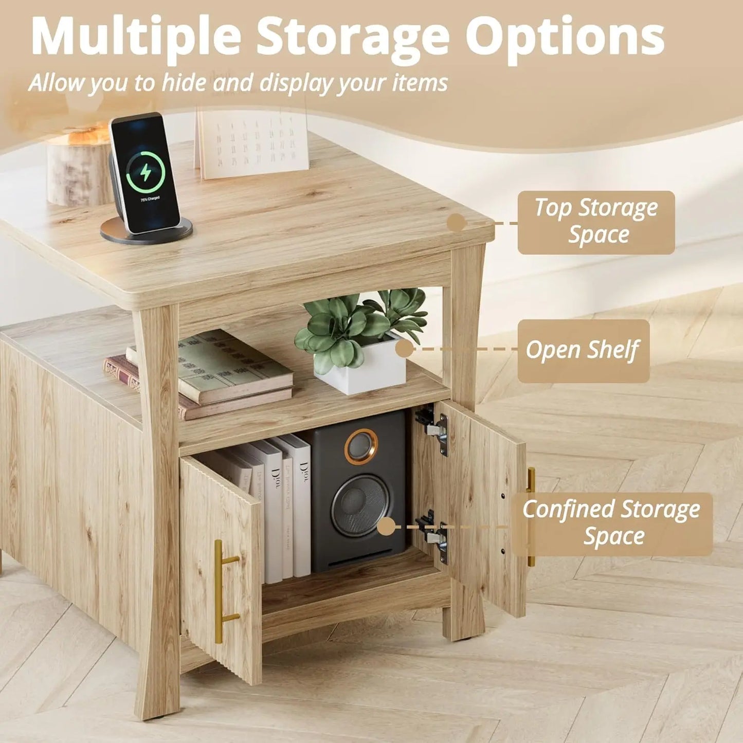 Nightstand with Charging Station, Wood Night Stand, 23.6inch Large Bedside Table with Storage, End Table for Bedroom, Oak