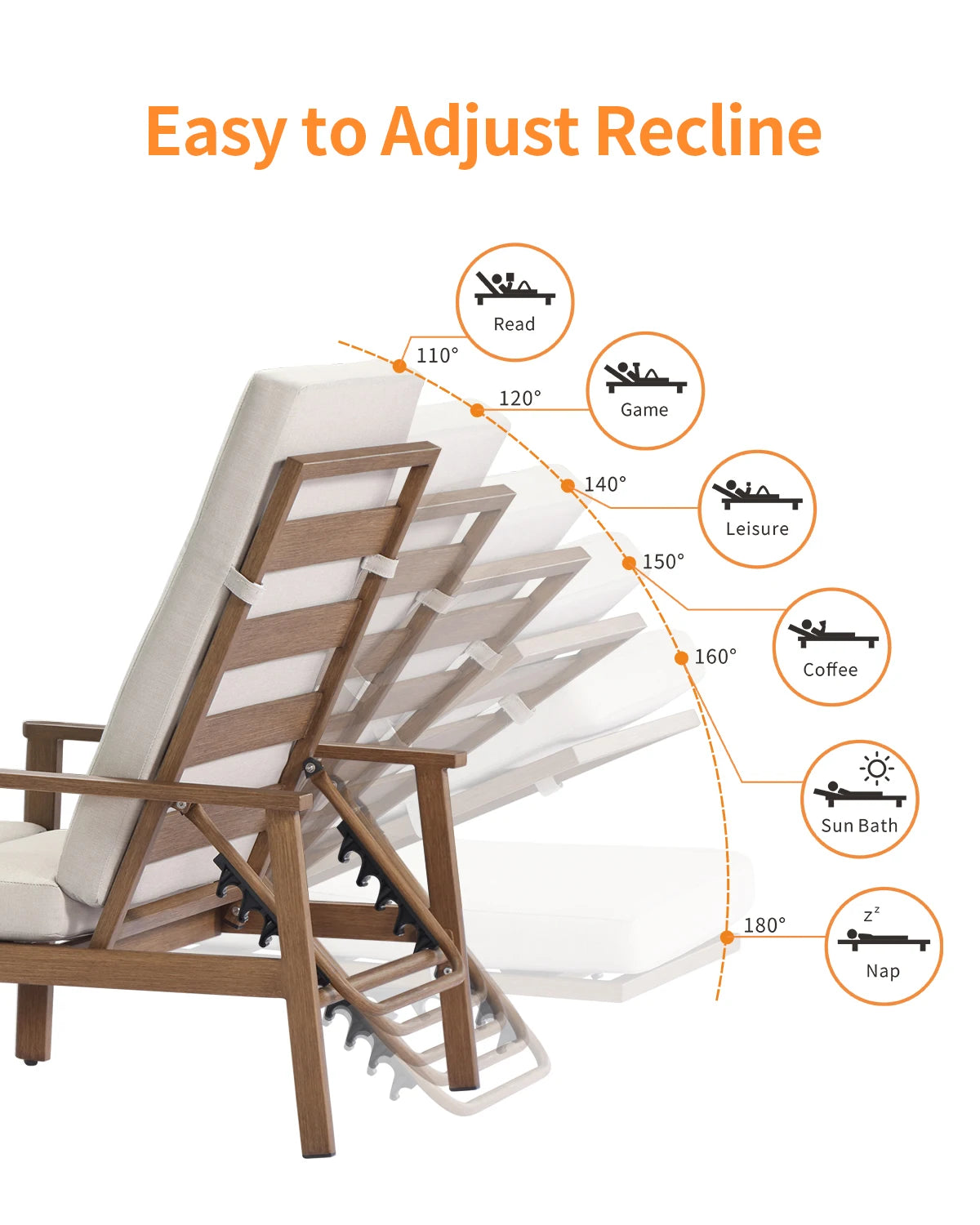 Teak 3-Piece Outdoor Lounge Chair Set, Aluminum Chaise Loungers with Cushions and Side Table.