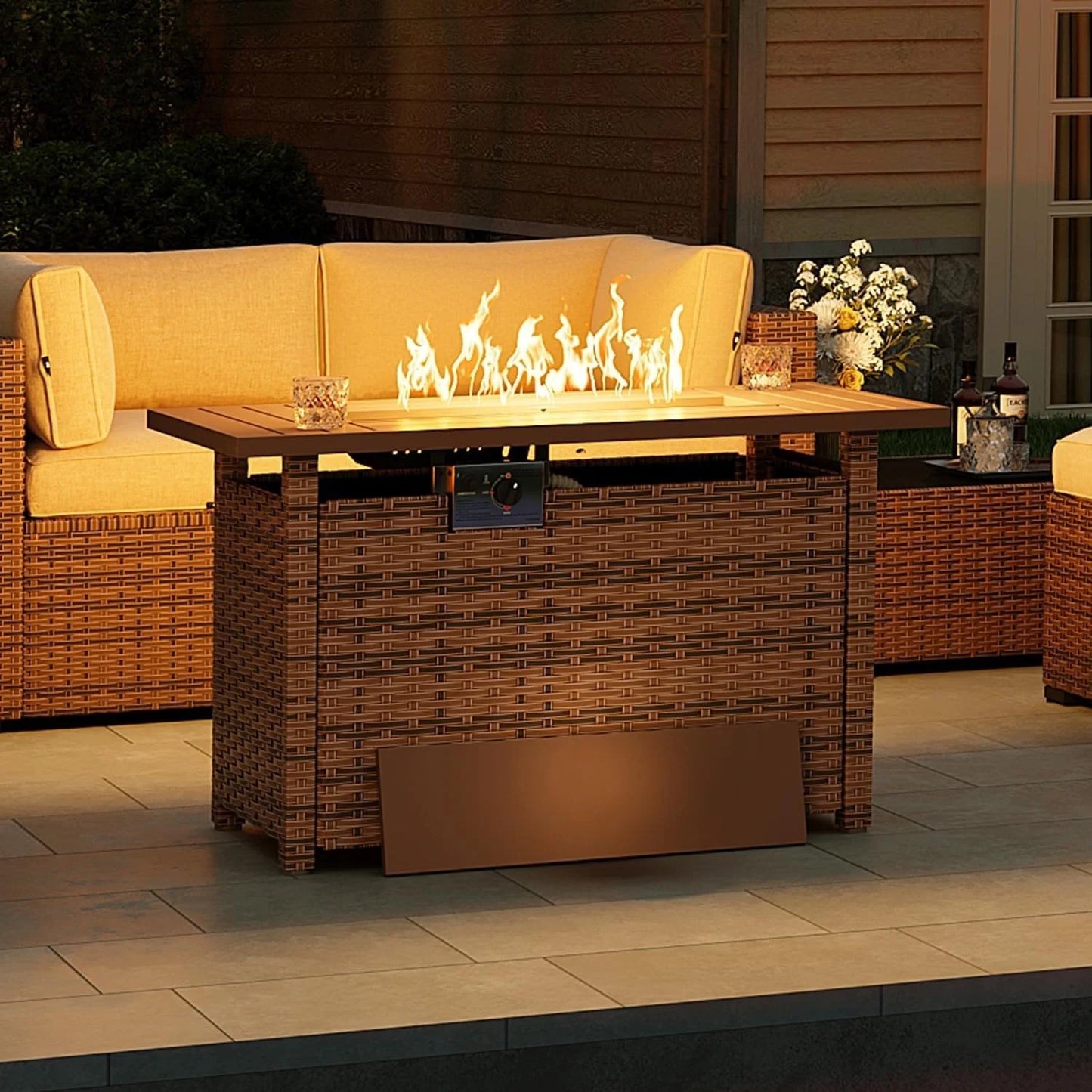 Nordivale 44'' Outdoor Wicker Gas Fire Pit Table, 50,000 BTU Propane Firepit with Lid, Patio Furniture Set for Backyard Poolside Garden