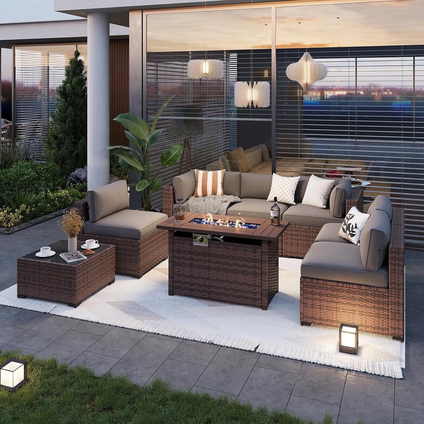 Nordivale 44'' Outdoor Wicker Gas Fire Pit Table, 50,000 BTU Propane Firepit with Lid, Patio Furniture Set for Backyard Poolside Garden
