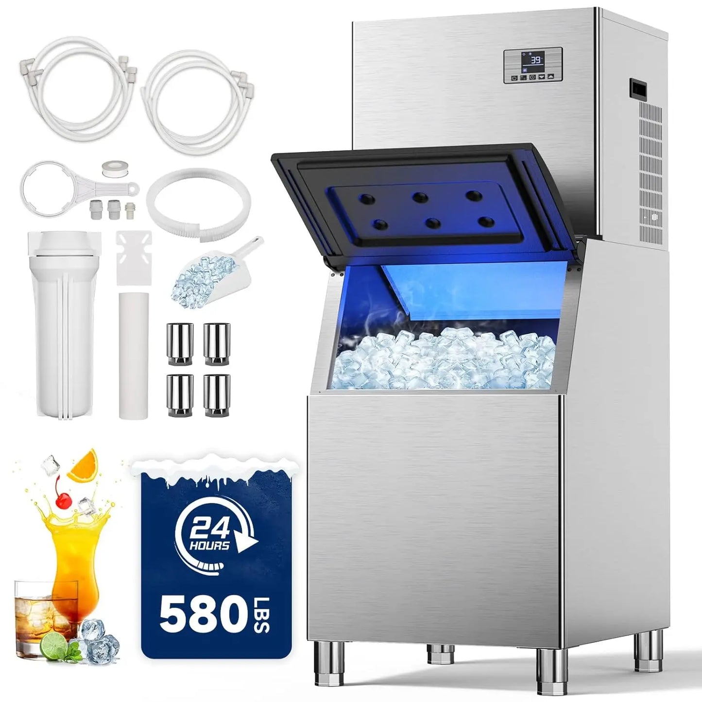 Commercial 580Lbs/24H Ice Maker Machine, Ice Ready in 5-15 min,380Lbs Large Storage, Stainless Steel