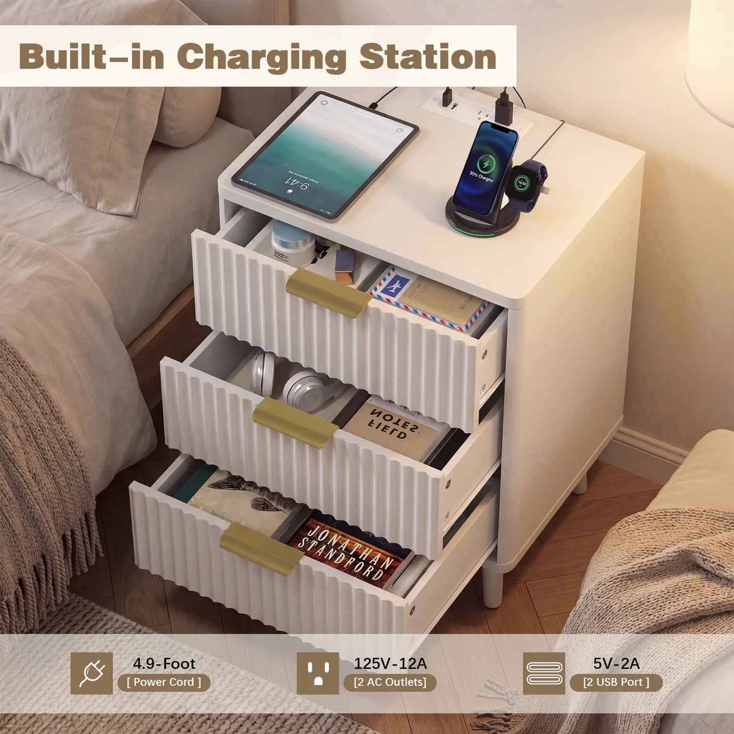 Set of 2 Fluted Nightstand with USB Ports 3 Drawer Wood Bedside Table with Charging Station for Bedroom