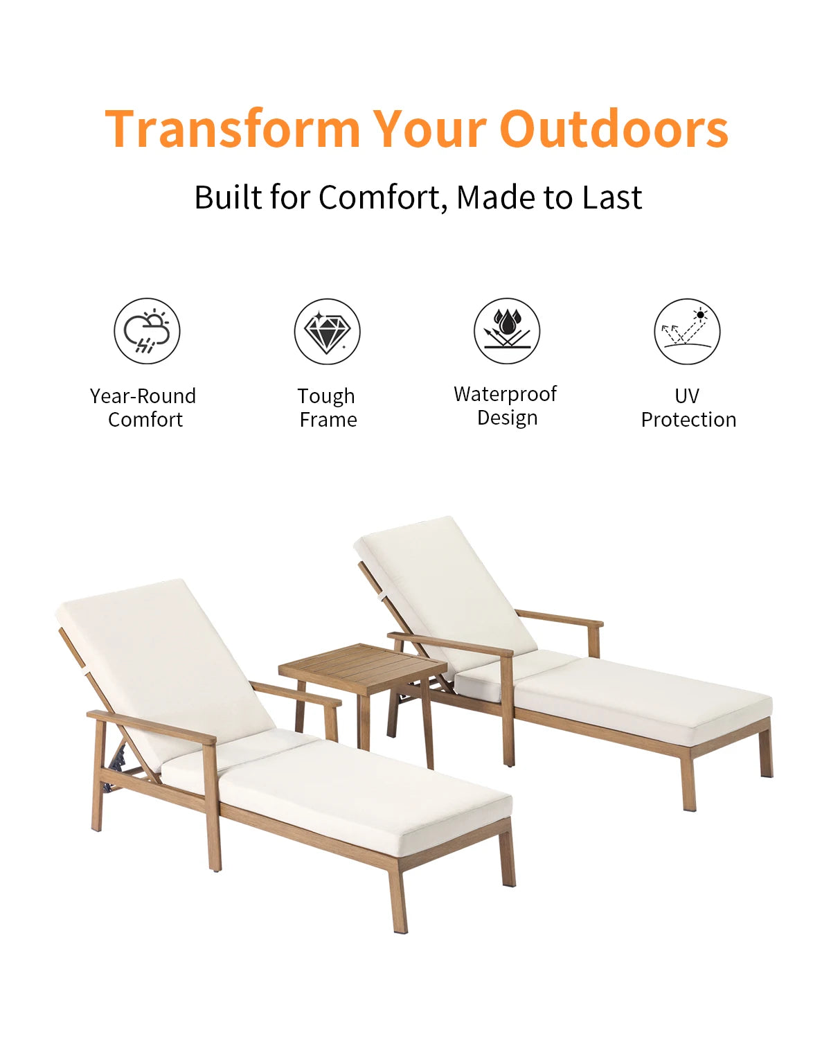 Teak 3-Piece Outdoor Lounge Chair Set, Aluminum Chaise Loungers with Cushions and Side Table.