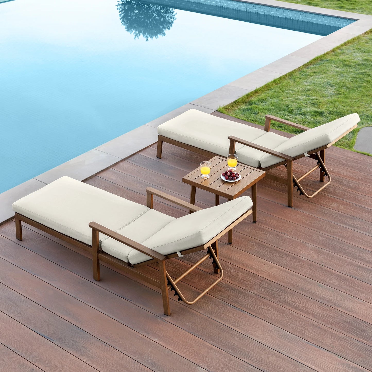 Teak 3-Piece Outdoor Lounge Chair Set, Aluminum Chaise Loungers with Cushions and Side Table.
