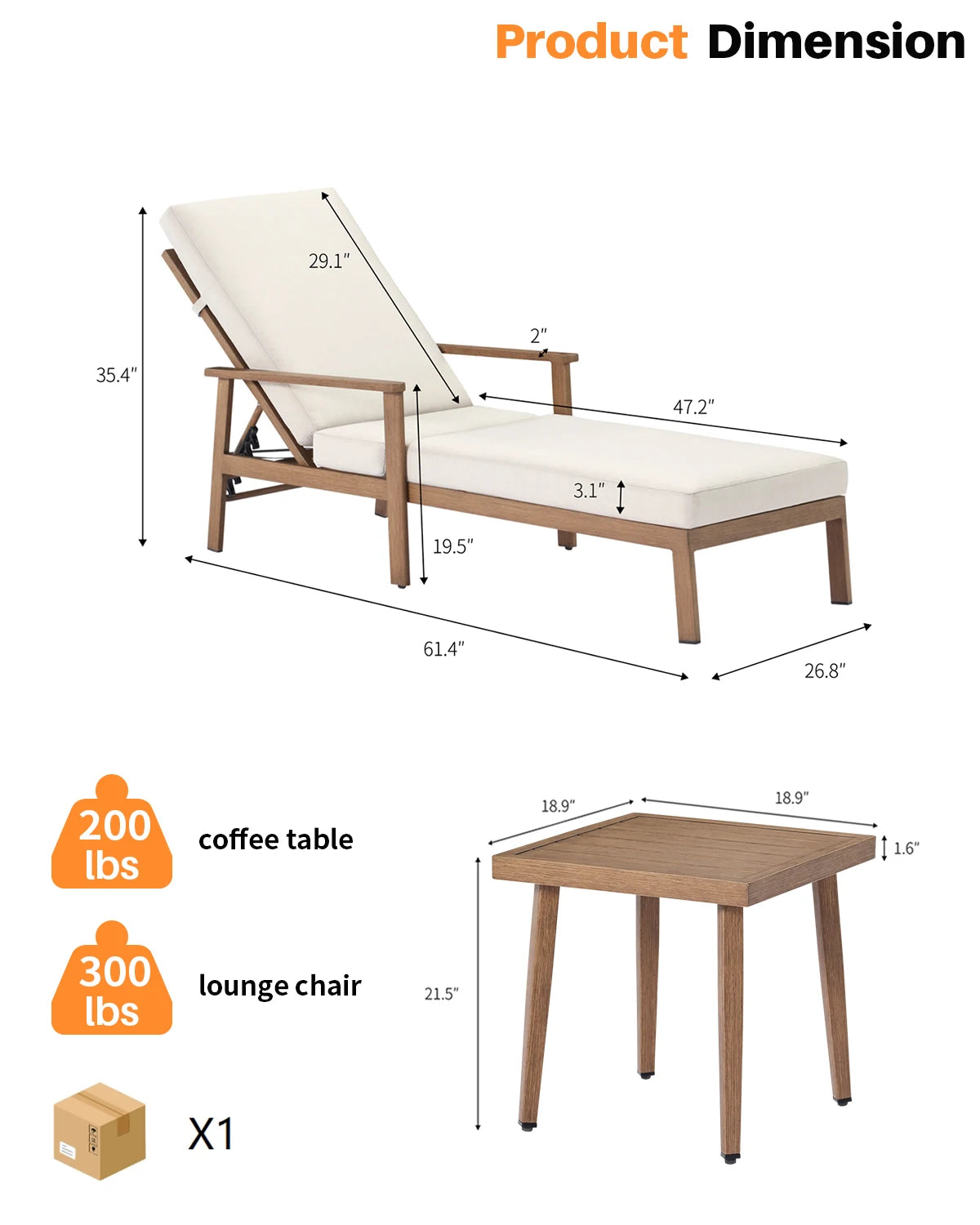 Teak 3-Piece Outdoor Lounge Chair Set, Aluminum Chaise Loungers with Cushions and Side Table.