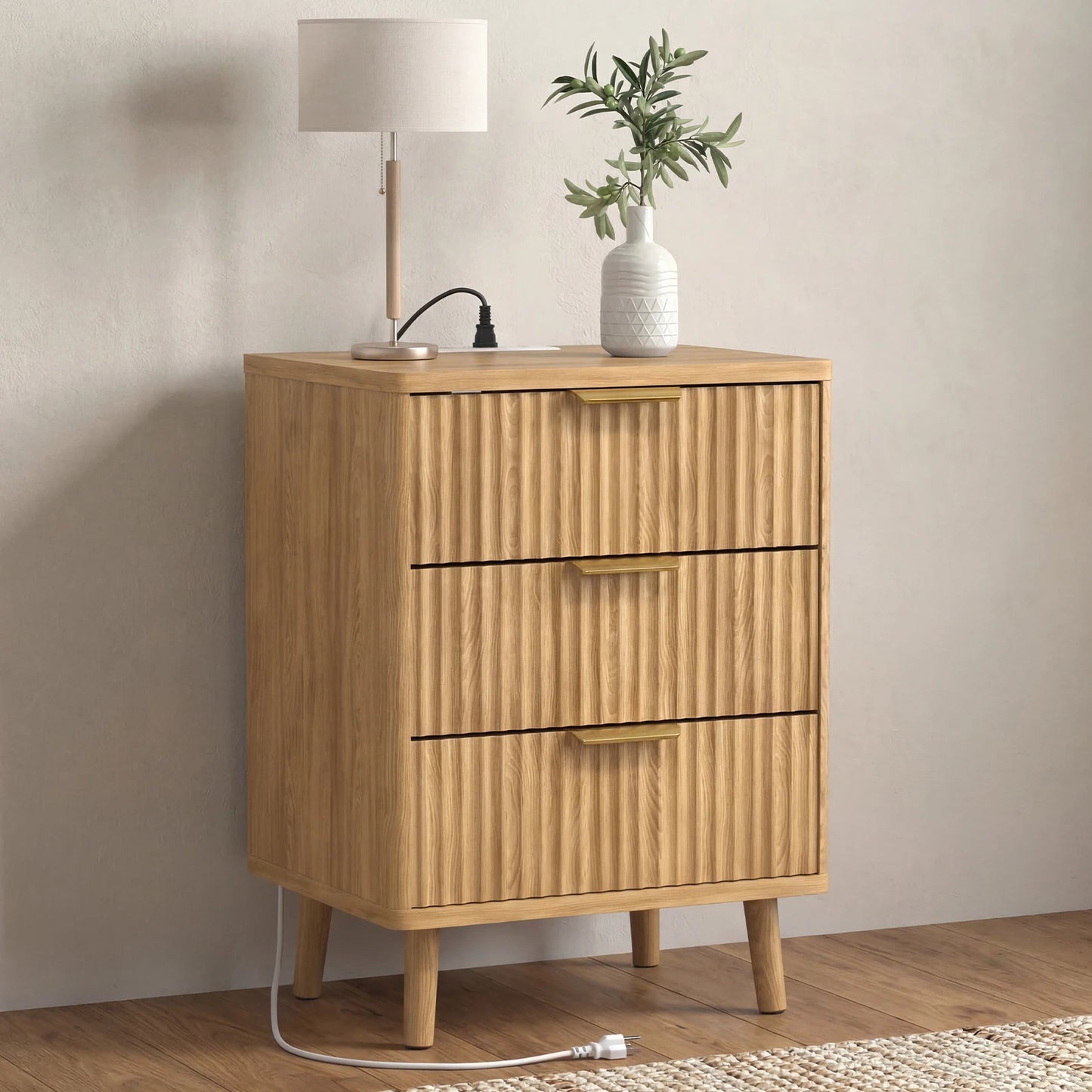 Set of 2 Fluted Nightstand with USB Ports 3 Drawer Wood Bedside Table with Charging Station for Bedroom