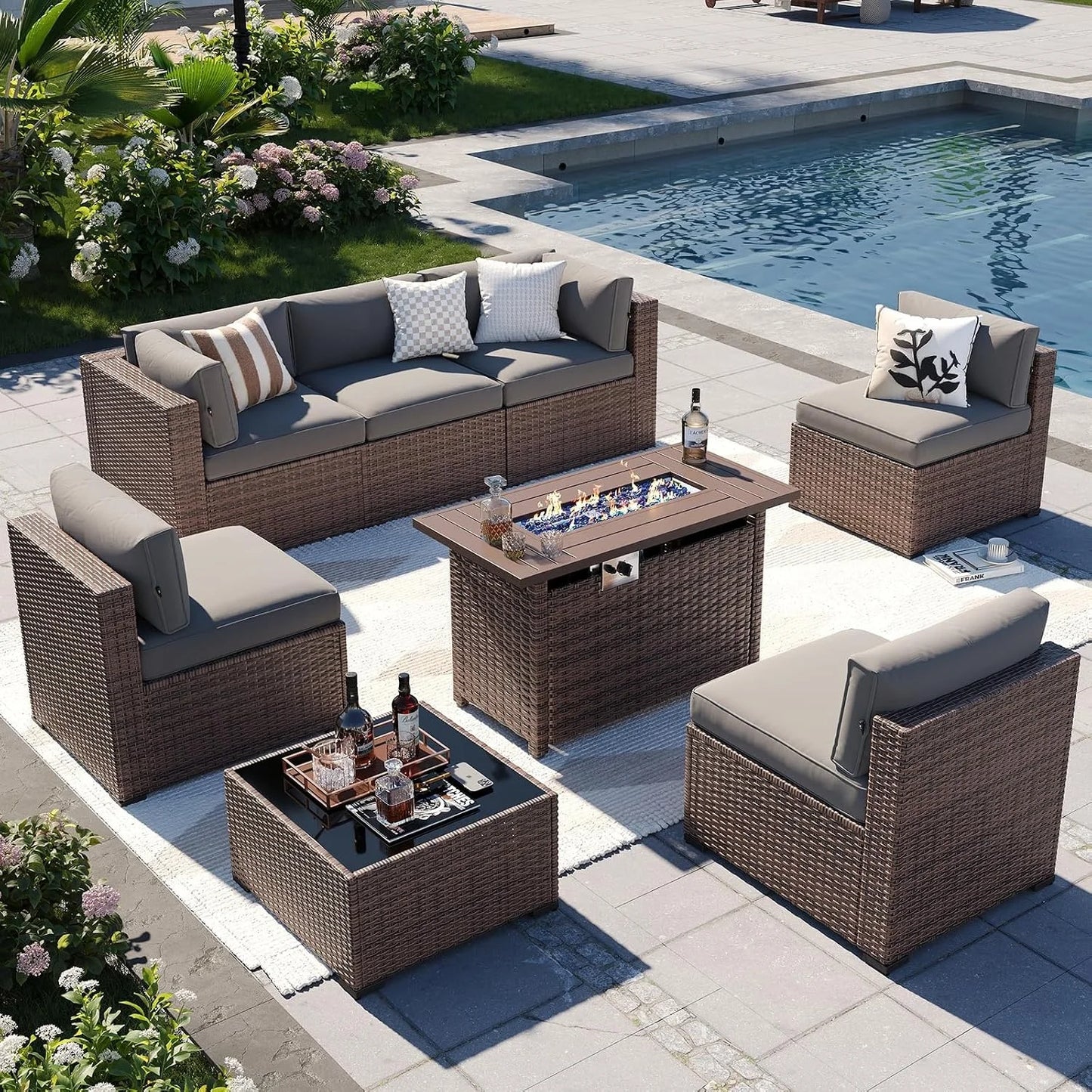 Nordivale 44'' Outdoor Wicker Gas Fire Pit Table, 50,000 BTU Propane Firepit with Lid, Patio Furniture Set for Backyard Poolside Garden
