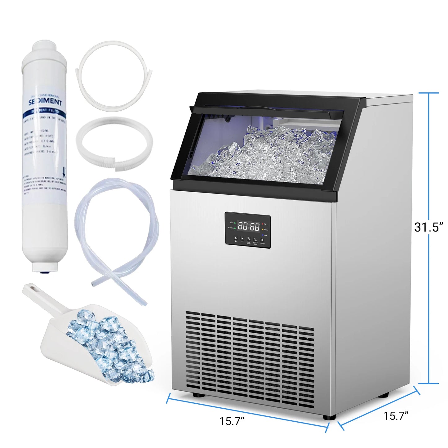 Commercial Ice Maker Machine 160LBS/24H, 45LBS Capacity Freestanding & Under Counter Ice Maker, Clear Ice Cubes