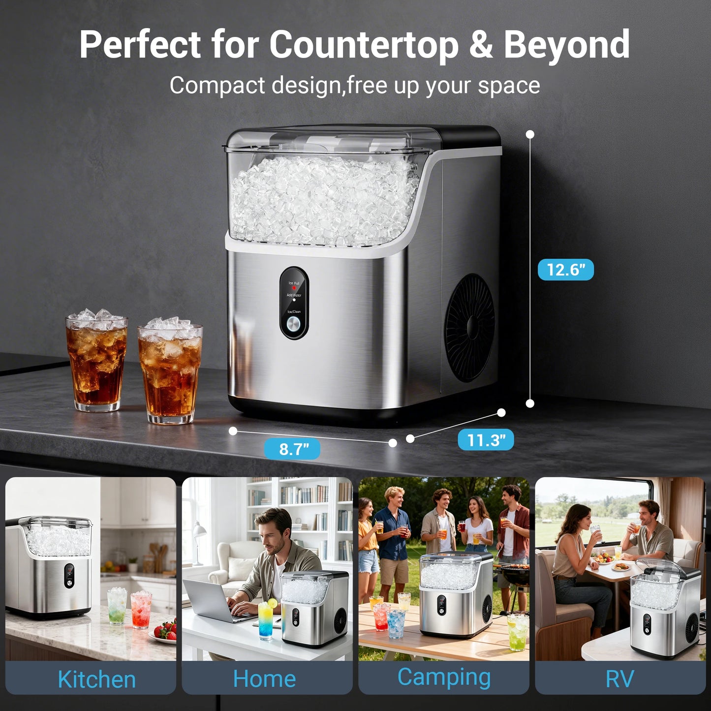 Nugget ice Maker countertop, Soft Pebble Ice Machine 40lbs/Day Small Chewable Pellet ice, Stainless Steel Quiet Ice Maker Self Cleaning, Ice Ready in 6 Mins for Home Kitchen Office