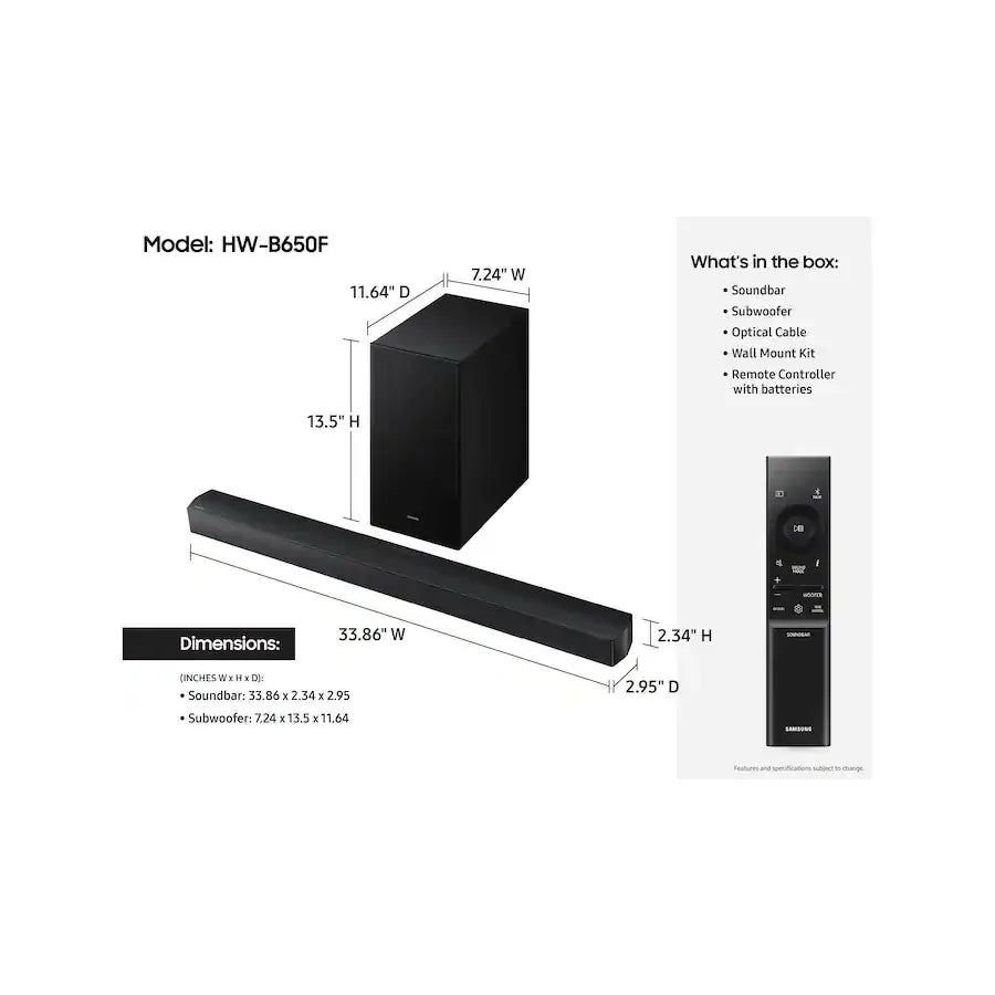 Samsung B-Series 3.1ch Soundbar, DTS Virtual:X Surround Sound, Deep Bass, Bluetooth Speaker for TV – Black