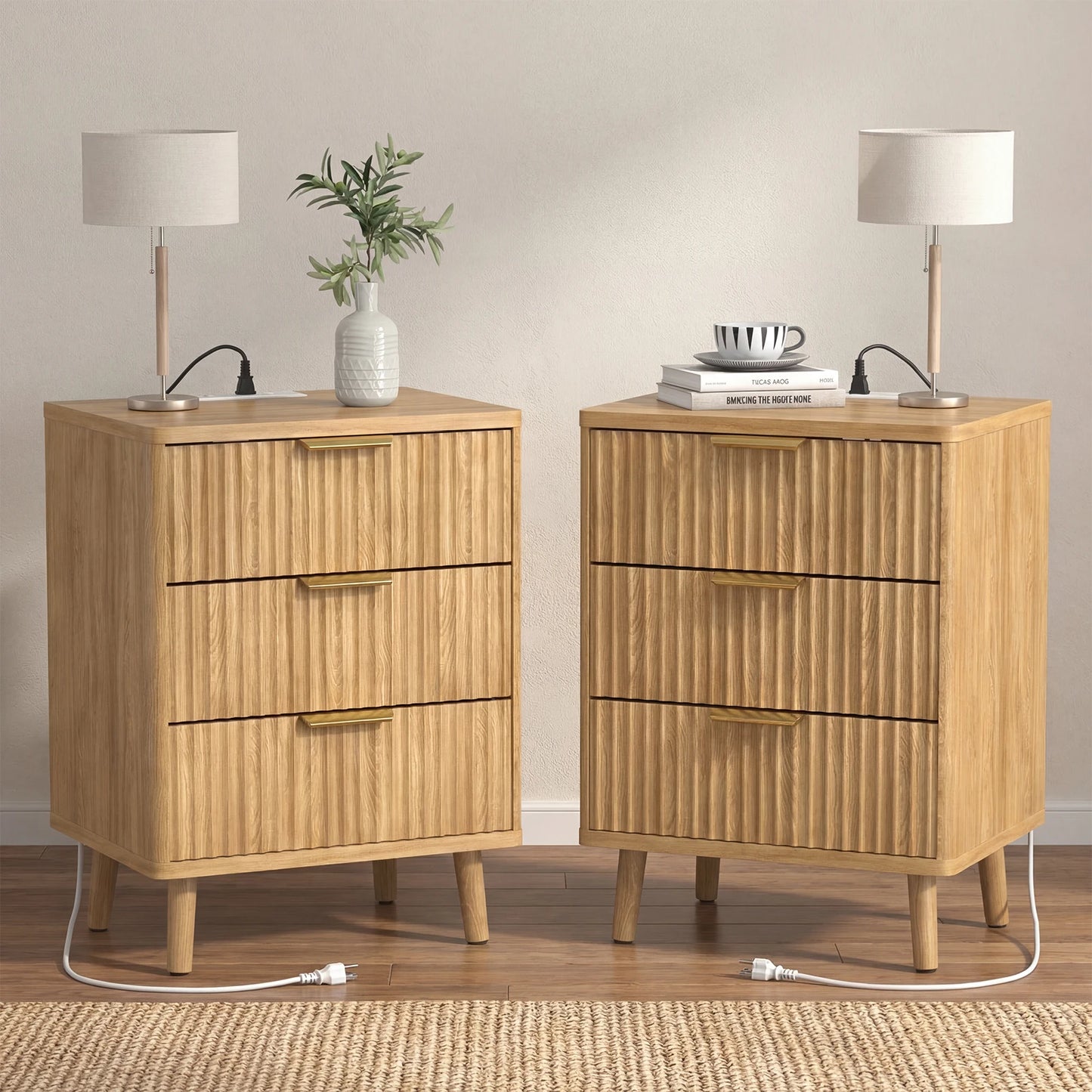 Set of 2 Fluted Nightstand with USB Ports 3 Drawer Wood Bedside Table with Charging Station for Bedroom