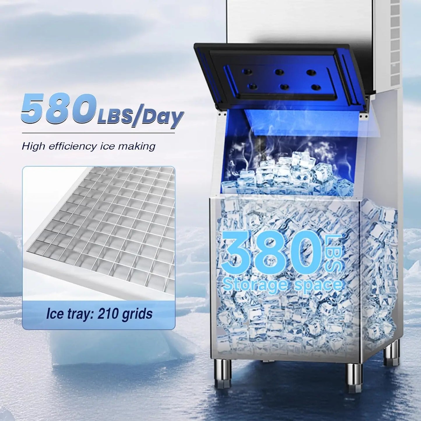 Commercial 580Lbs/24H Ice Maker Machine, Ice Ready in 5-15 min,380Lbs Large Storage, Stainless Steel