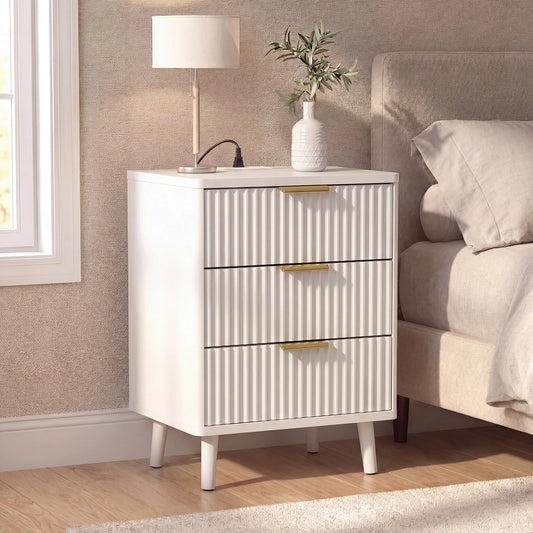 Set of 2 Fluted Nightstand with USB Ports 3 Drawer Wood Bedside Table with Charging Station for Bedroom