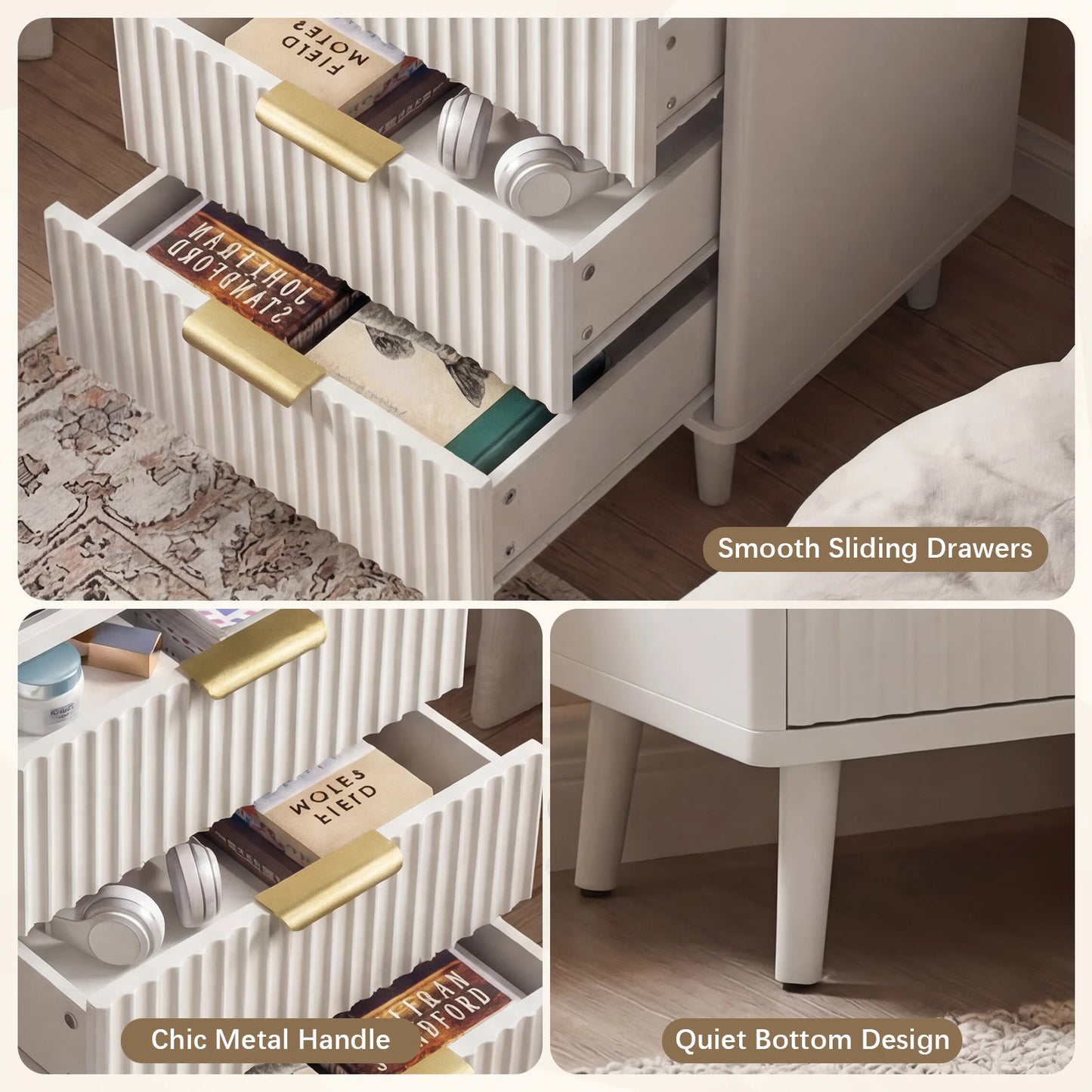 Set of 2 Fluted Nightstand with USB Ports 3 Drawer Wood Bedside Table with Charging Station for Bedroom