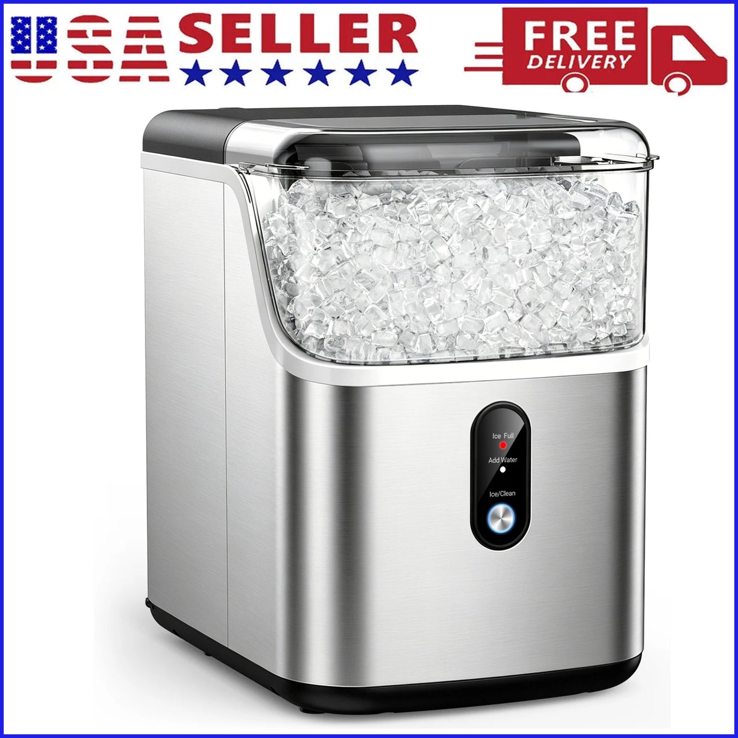 Nugget ice Maker countertop, Soft Pebble Ice Machine 40lbs/Day Small Chewable Pellet ice, Stainless Steel Quiet Ice Maker Self Cleaning, Ice Ready in 6 Mins for Home Kitchen Office
