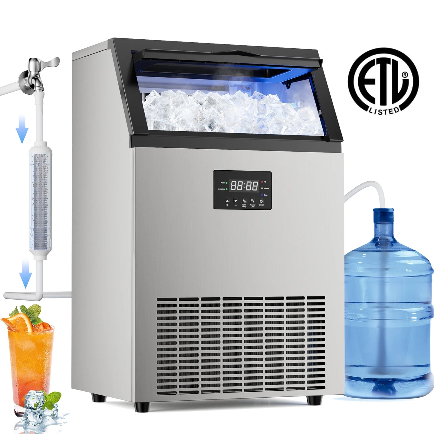 Commercial Ice Maker Machine 160LBS/24H, 45LBS Capacity Freestanding & Under Counter Ice Maker, Clear Ice Cubes