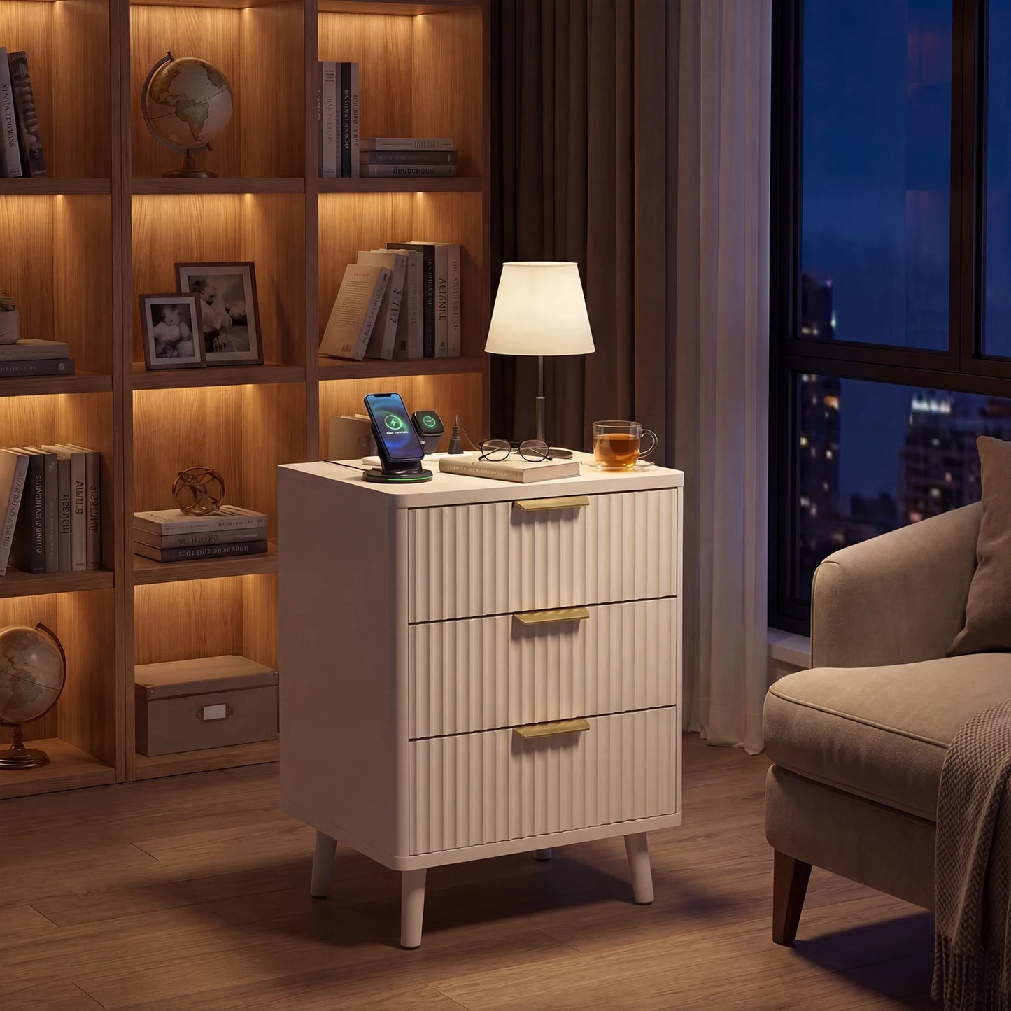 Set of 2 Fluted Nightstand with USB Ports 3 Drawer Wood Bedside Table with Charging Station for Bedroom