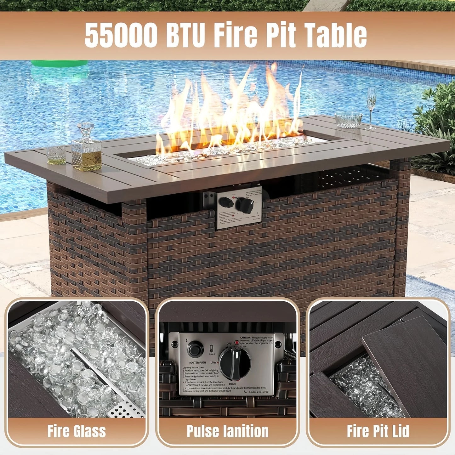 Nordivale 44'' Outdoor Wicker Gas Fire Pit Table, 50,000 BTU Propane Firepit with Lid, Patio Furniture Set for Backyard Poolside Garden