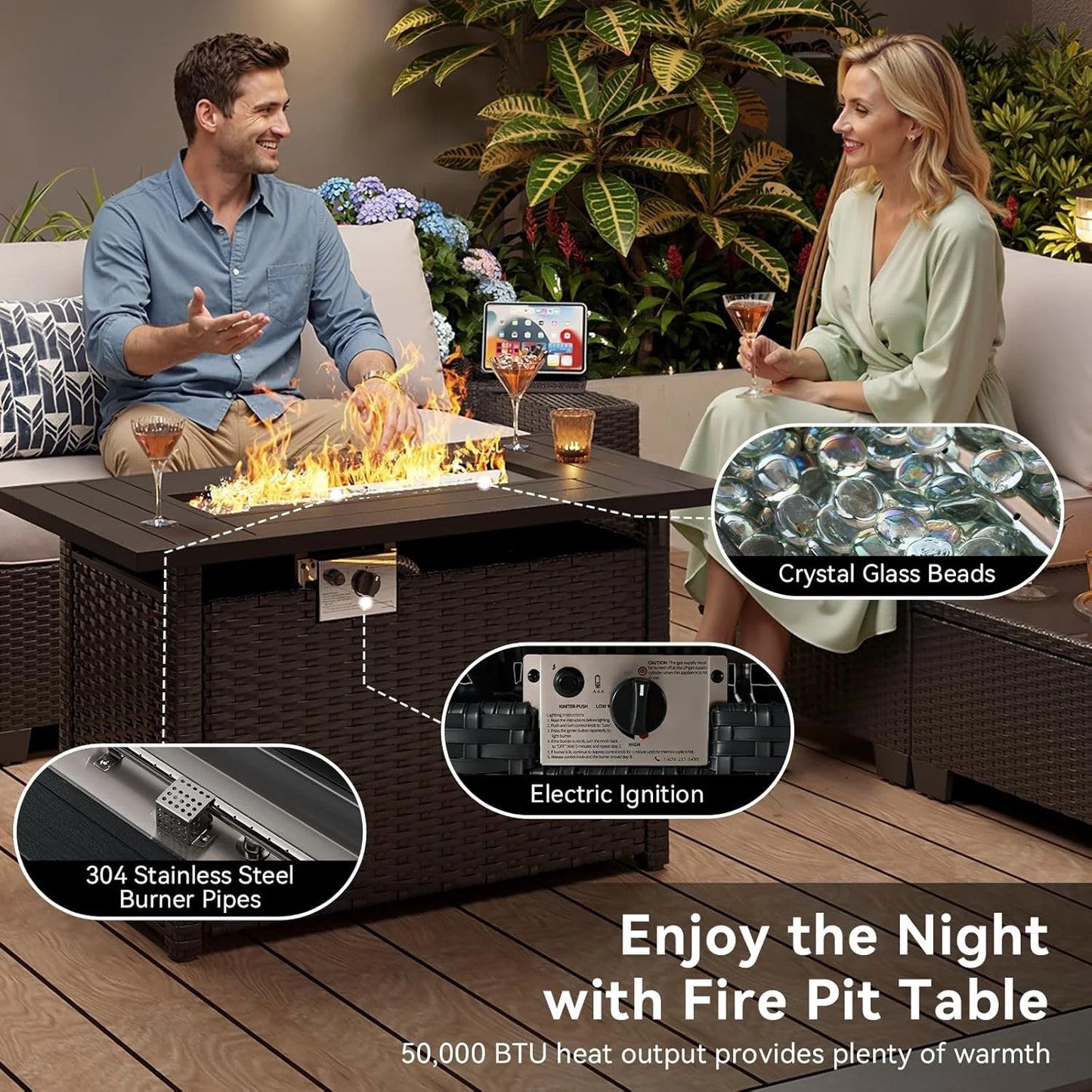 Nordivale 44'' Outdoor Wicker Gas Fire Pit Table, 50,000 BTU Propane Firepit with Lid, Patio Furniture Set for Backyard Poolside Garden
