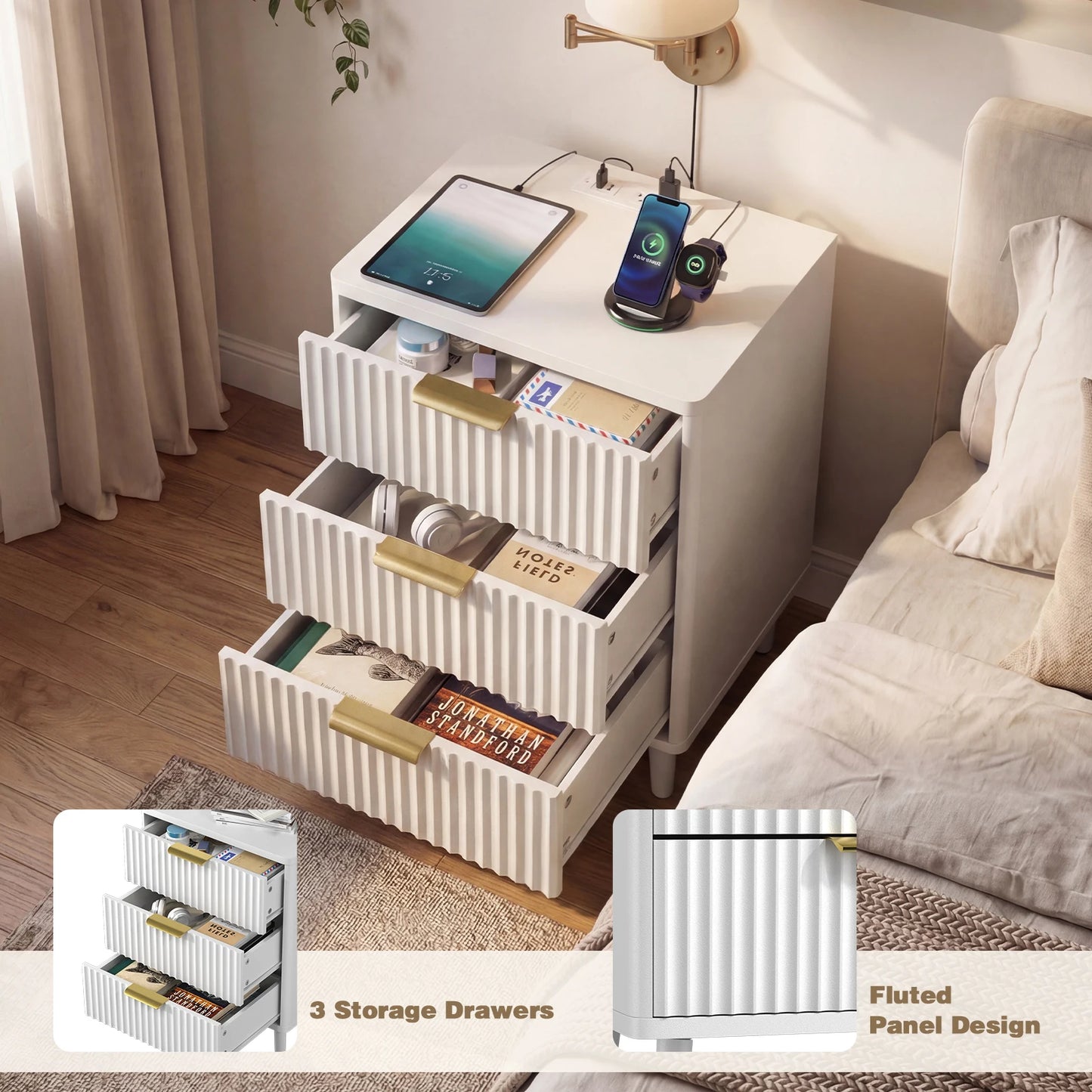 Set of 2 Fluted Nightstand with USB Ports 3 Drawer Wood Bedside Table with Charging Station for Bedroom