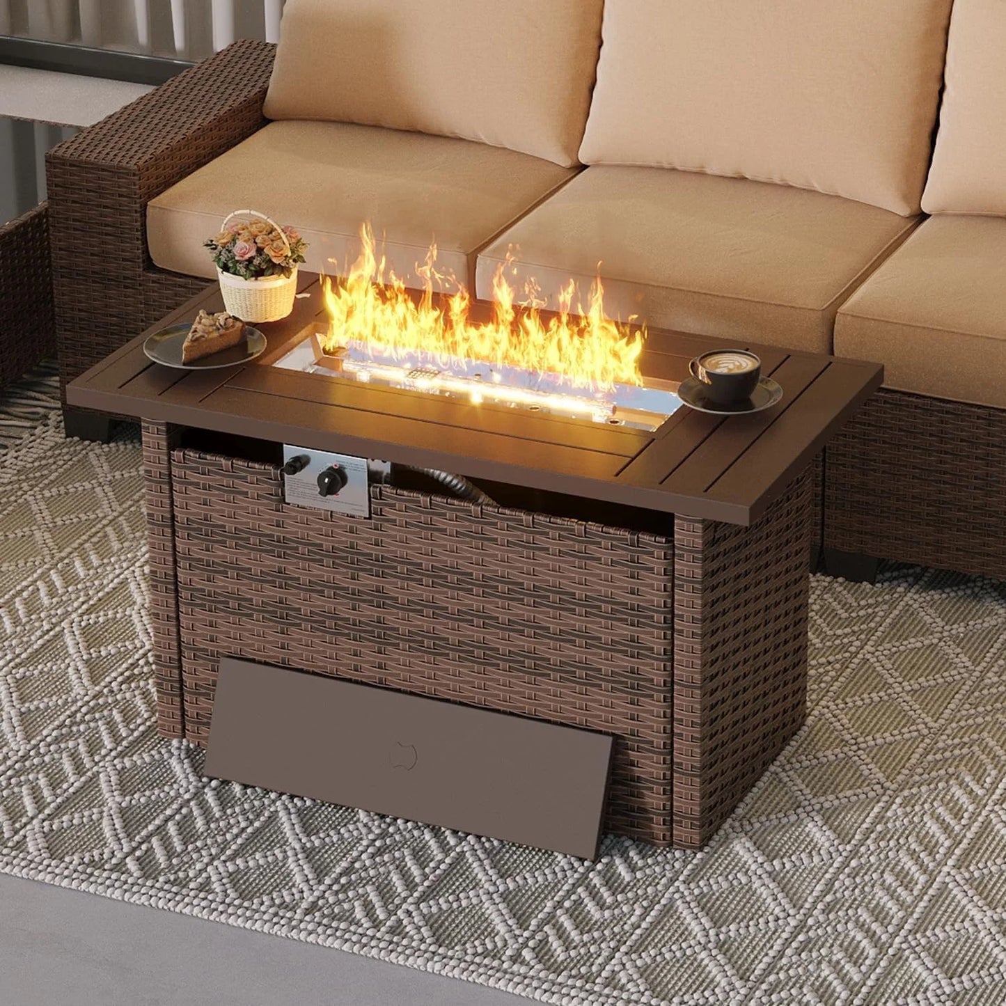 Nordivale 44'' Outdoor Wicker Gas Fire Pit Table, 50,000 BTU Propane Firepit with Lid, Patio Furniture Set for Backyard Poolside Garden