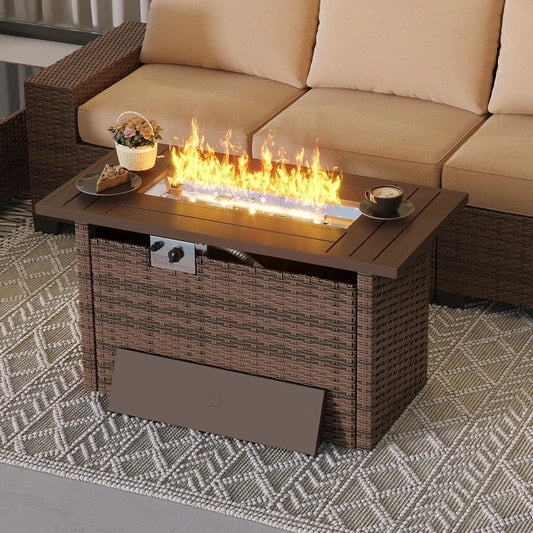Nordivale 44'' Outdoor Wicker Gas Fire Pit Table, 50,000 BTU Propane Firepit with Lid, Patio Furniture Set for Backyard Poolside Garden