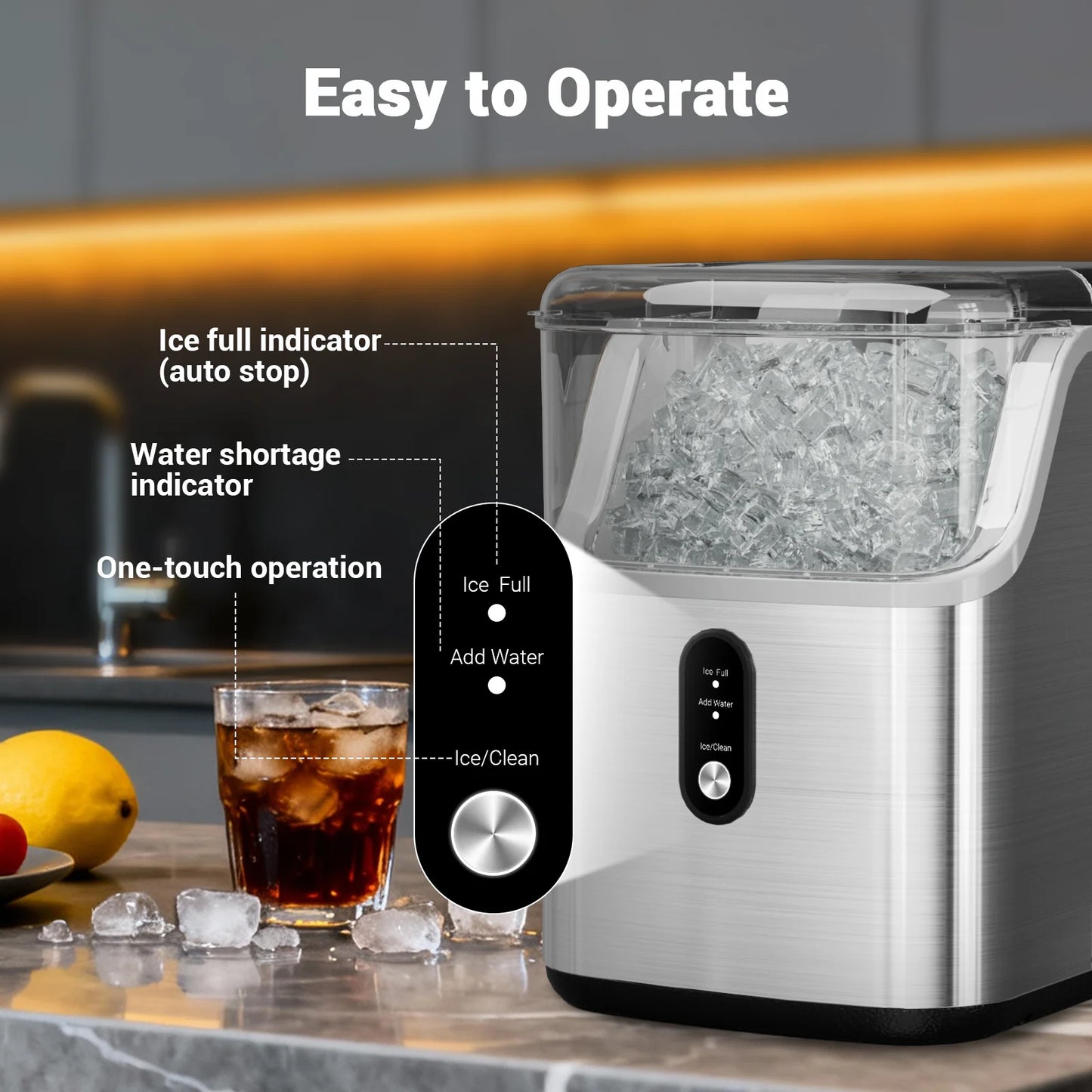 Nugget ice Maker countertop, Soft Pebble Ice Machine 40lbs/Day Small Chewable Pellet ice, Stainless Steel Quiet Ice Maker Self Cleaning, Ice Ready in 6 Mins for Home Kitchen Office