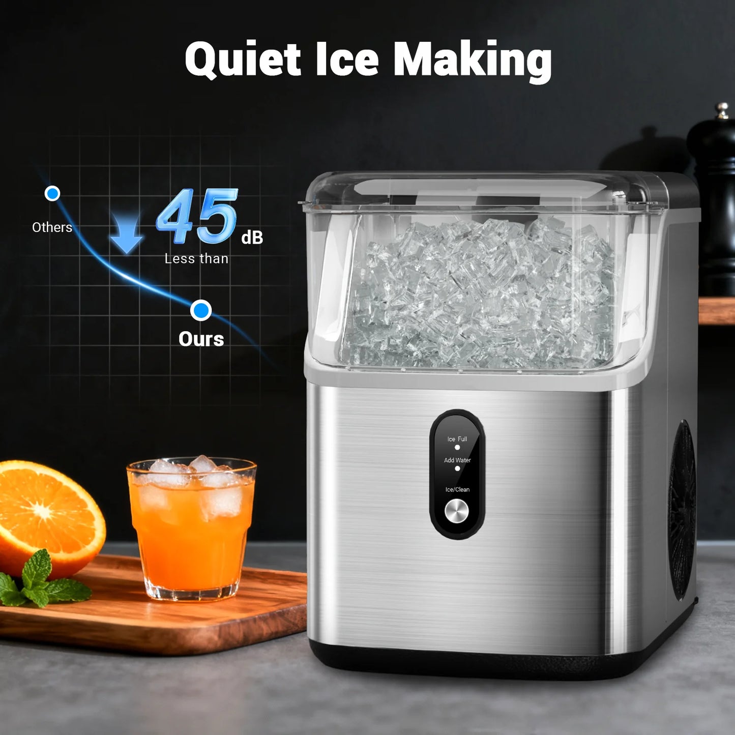 Nugget ice Maker countertop, Soft Pebble Ice Machine 40lbs/Day Small Chewable Pellet ice, Stainless Steel Quiet Ice Maker Self Cleaning, Ice Ready in 6 Mins for Home Kitchen Office