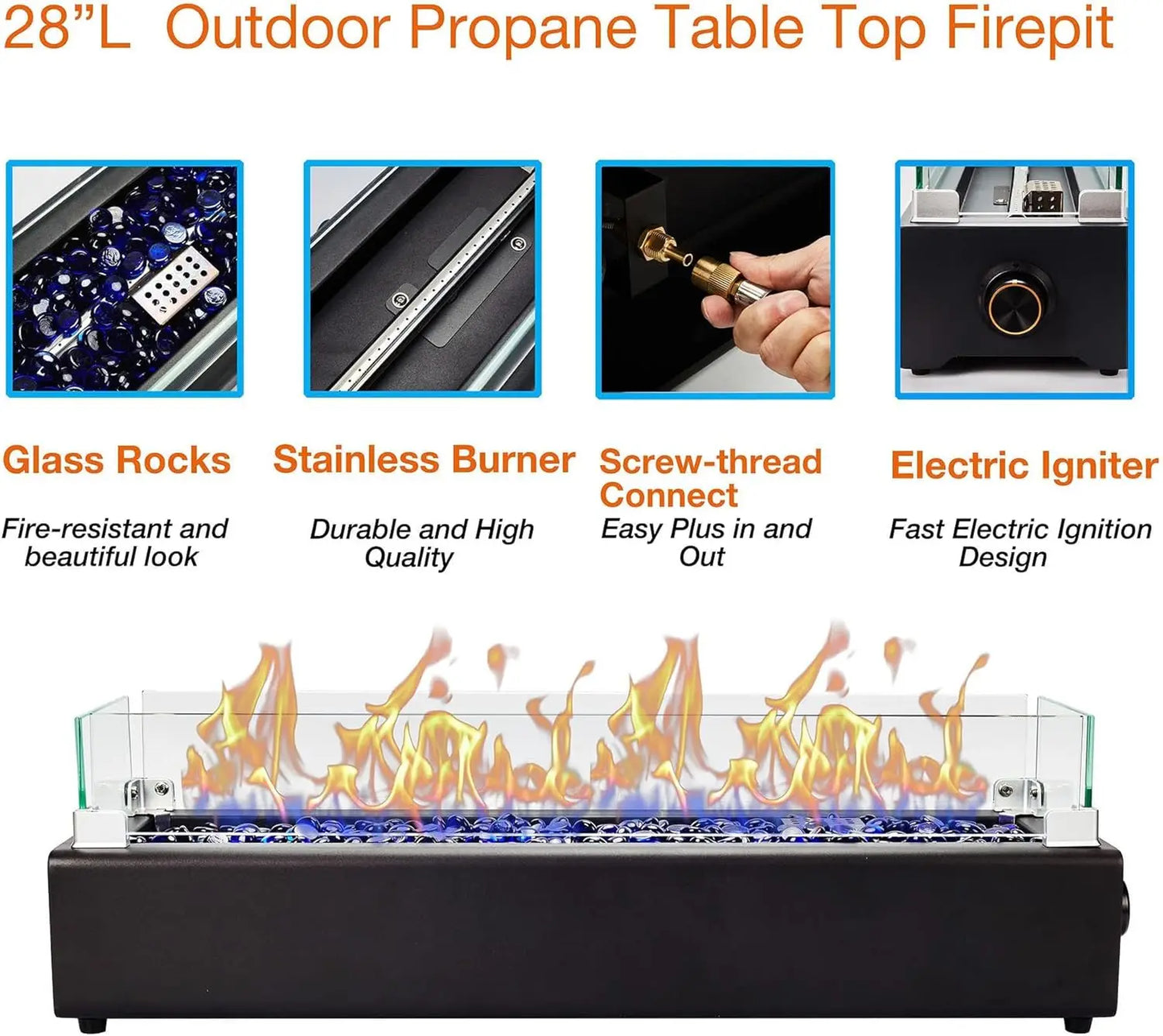 Outdoor Patio Portable Propane Tabletop Fire Pit, 40,000 BTU, Black, with Wind Glass Shield & Glass Rocks